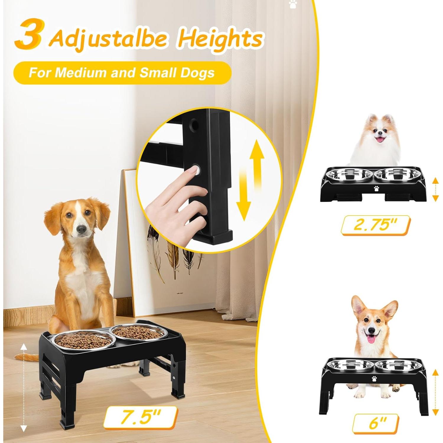 Elevated Dog Bowls 3 Height Adjustable Raised Bowl Stand with 25oz Stainless Steel Dog Food Bowls Anti-Slip for Small Dogs Adjusts to 7.5", 6", 2.75", Black