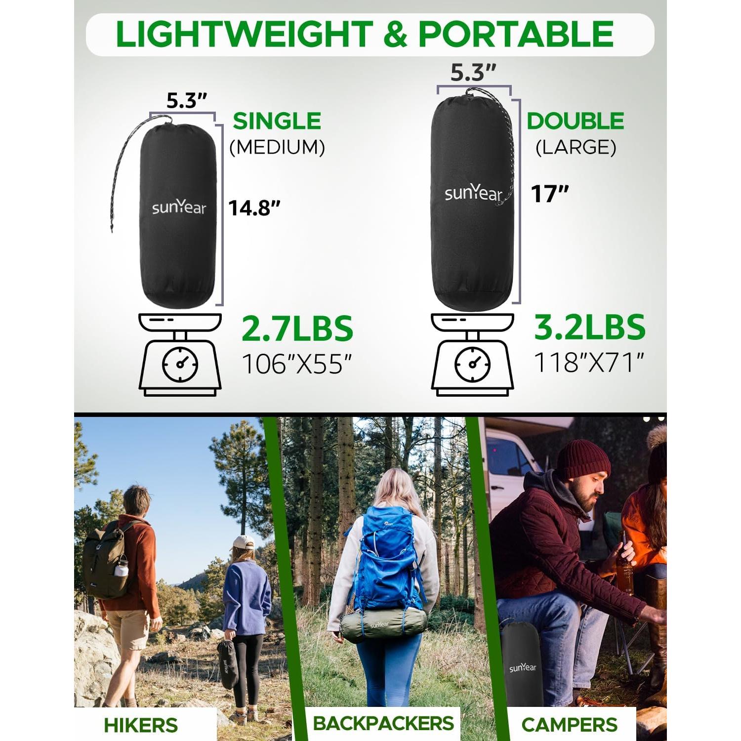 Hamaca de Camping Sunyear Doble con Red - 269x139cm, Ligera