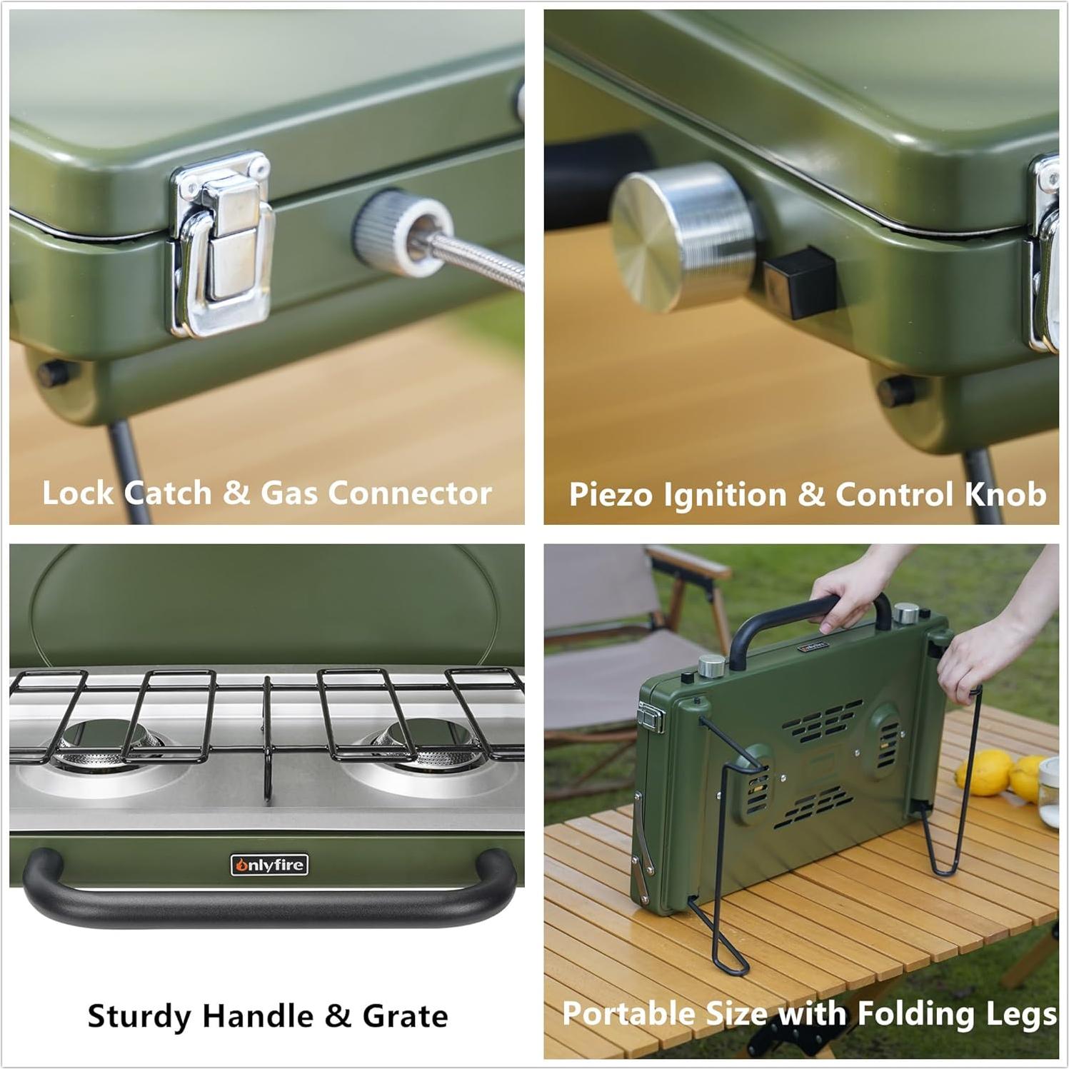 Estufa de Camping Portátil ONLYFIRE 2 Quemadores Verde