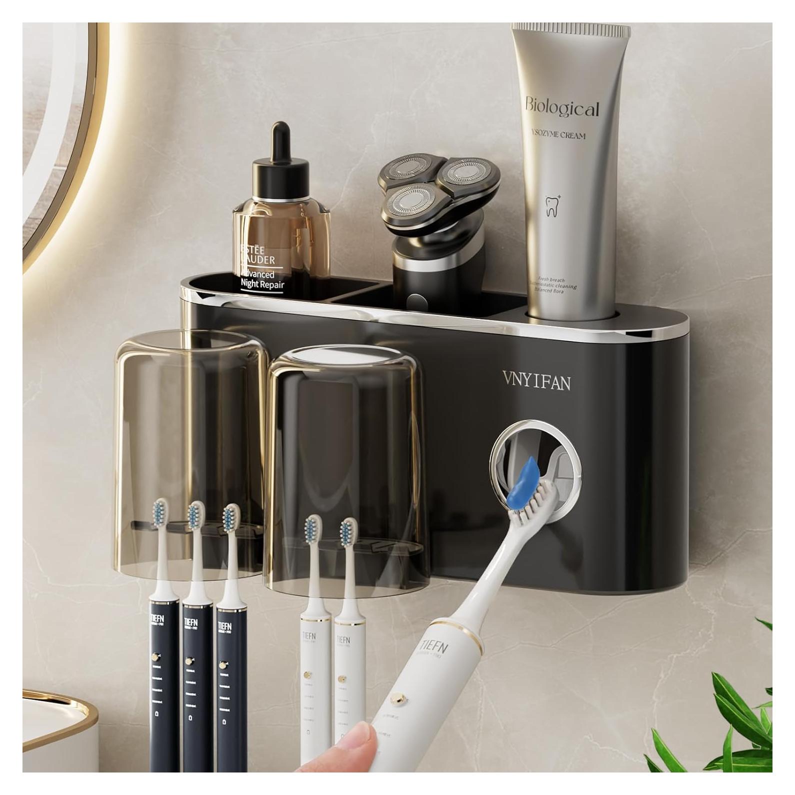 Toothbrush Holders Bathroom Decor with Toothpaste Dispenser, 2 Cups Toothbrush Holder Wall Mounted Bathroom Accessories Set with 6 Toothbrush Slots(Black)