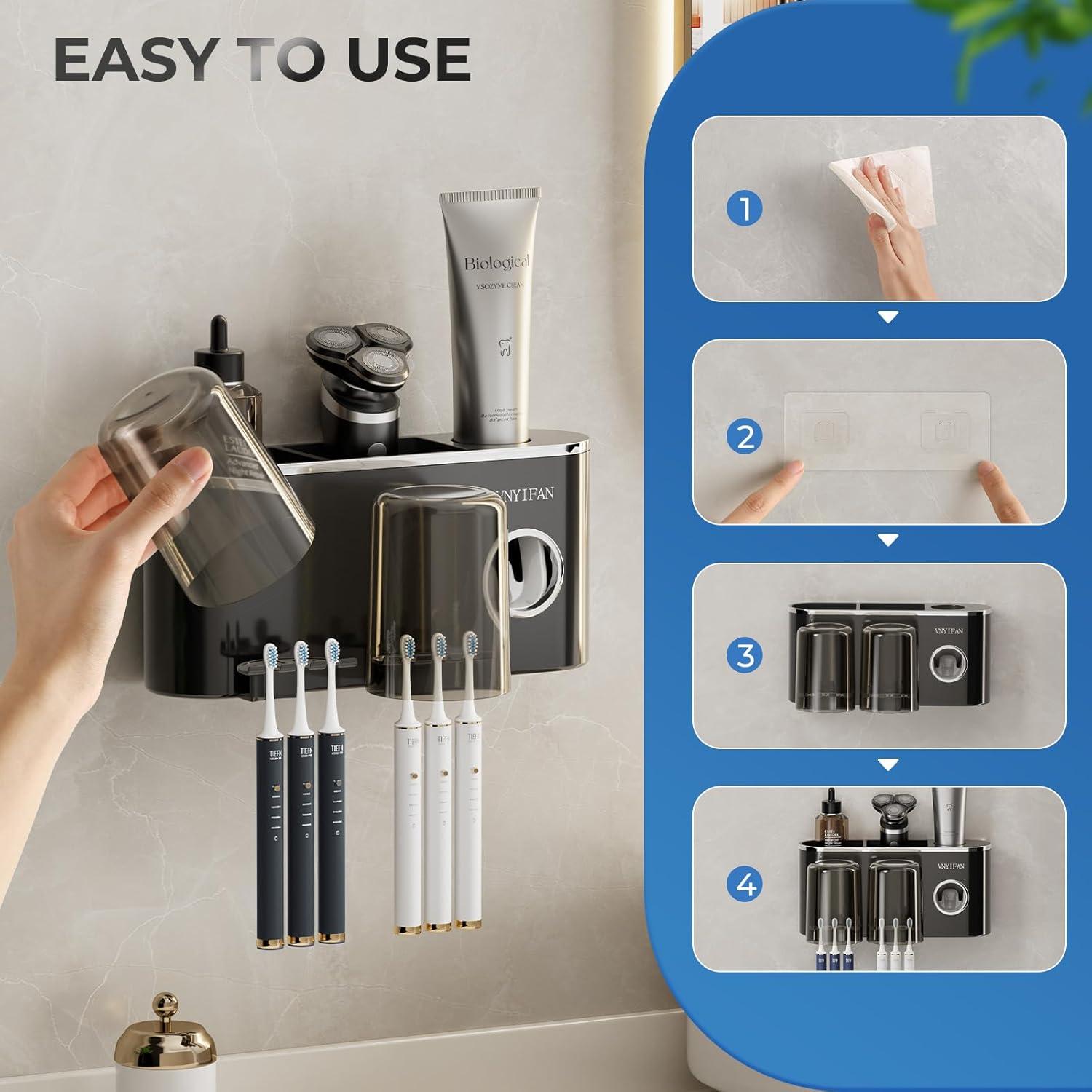 Toothbrush Holders Bathroom Decor with Toothpaste Dispenser, 2 Cups Toothbrush Holder Wall Mounted Bathroom Accessories Set with 6 Toothbrush Slots(Black)