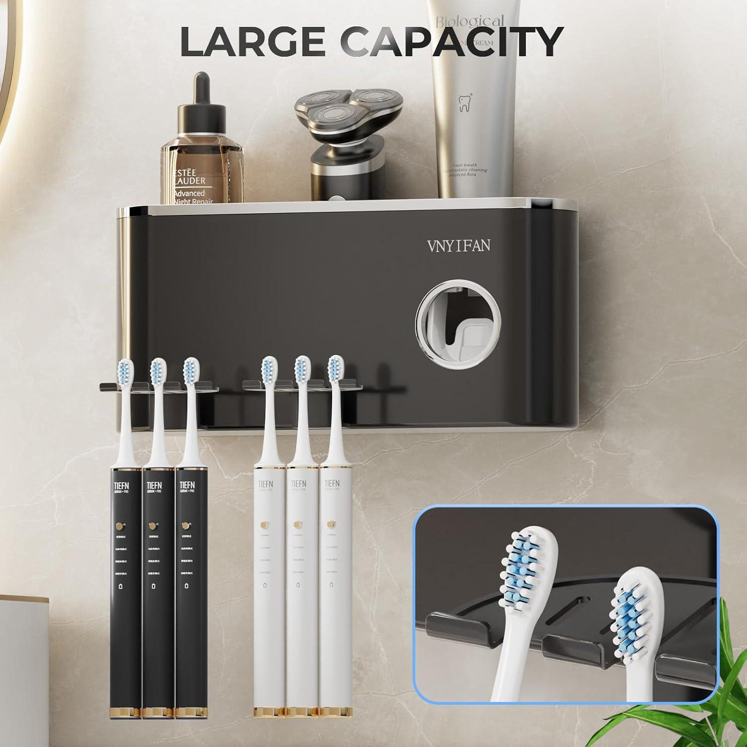 Toothbrush Holders Bathroom Decor with Toothpaste Dispenser, 2 Cups Toothbrush Holder Wall Mounted Bathroom Accessories Set with 6 Toothbrush Slots(Black)