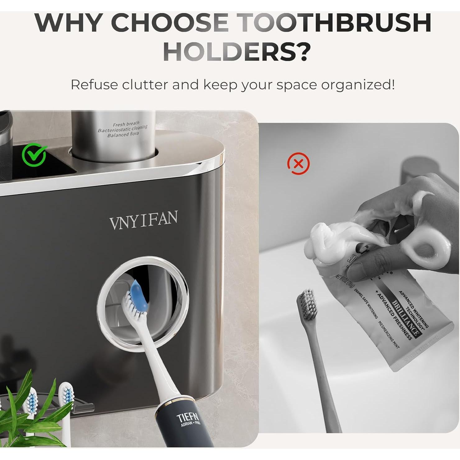 Toothbrush Holders Bathroom Decor with Toothpaste Dispenser, 2 Cups Toothbrush Holder Wall Mounted Bathroom Accessories Set with 6 Toothbrush Slots(Black)