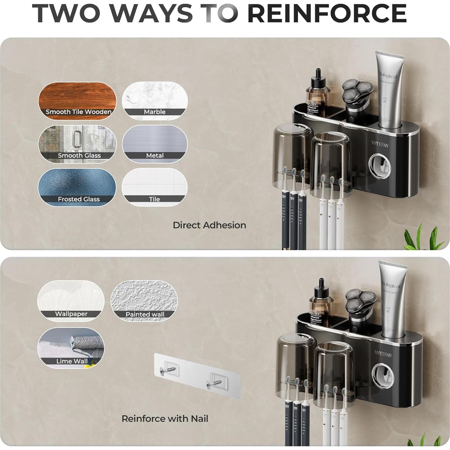 Toothbrush Holders Bathroom Decor with Toothpaste Dispenser, 2 Cups Toothbrush Holder Wall Mounted Bathroom Accessories Set with 6 Toothbrush Slots(Black)