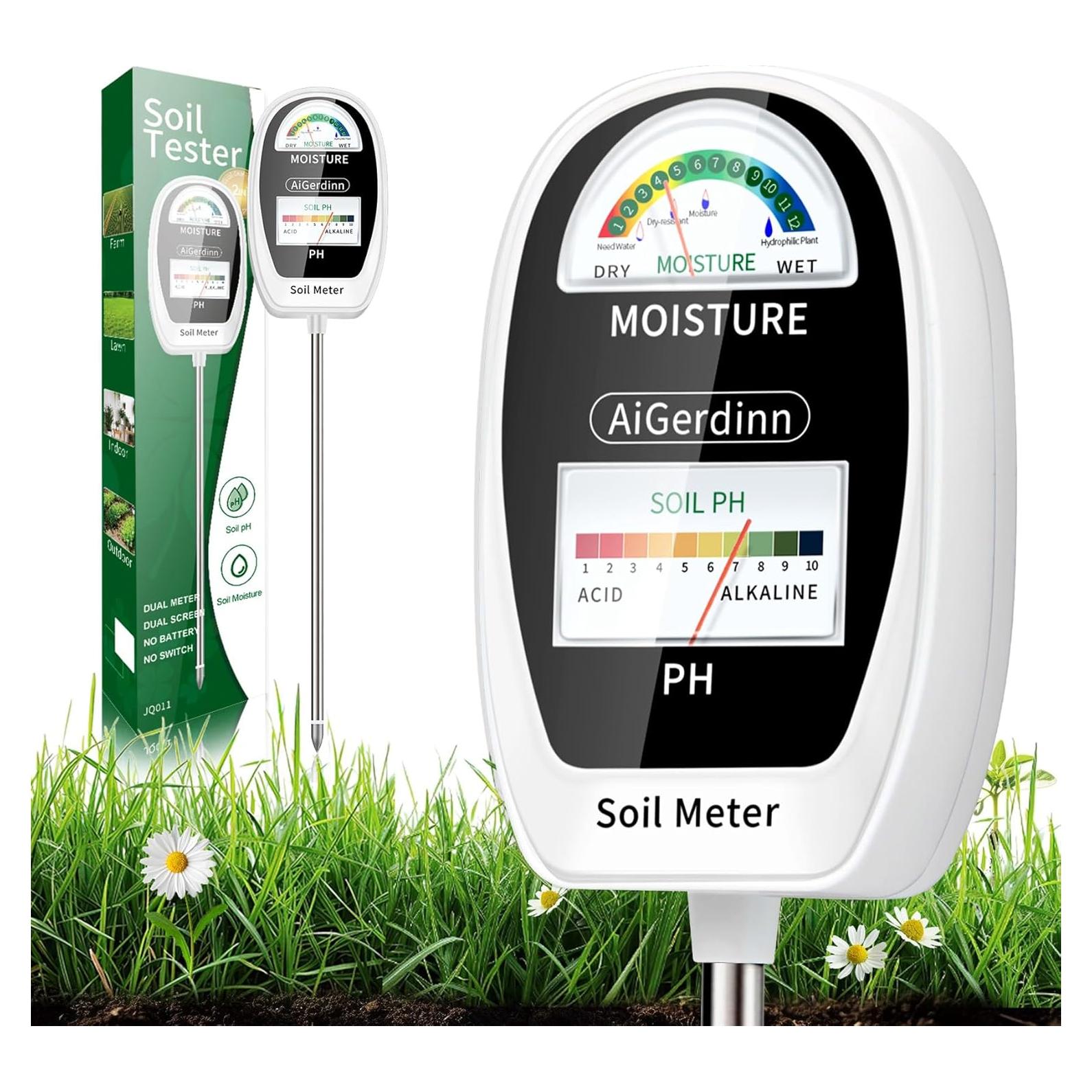 Soil Test Kit, 2-in-1 Soil Moisture Meter, Soil pH Meter -Dual Dial-Simultaneously-Display Results-Soil pH Tester, Moisture Meter for Garden,Lawn,Farm Indoor&Outdoor Plants-PureWhite