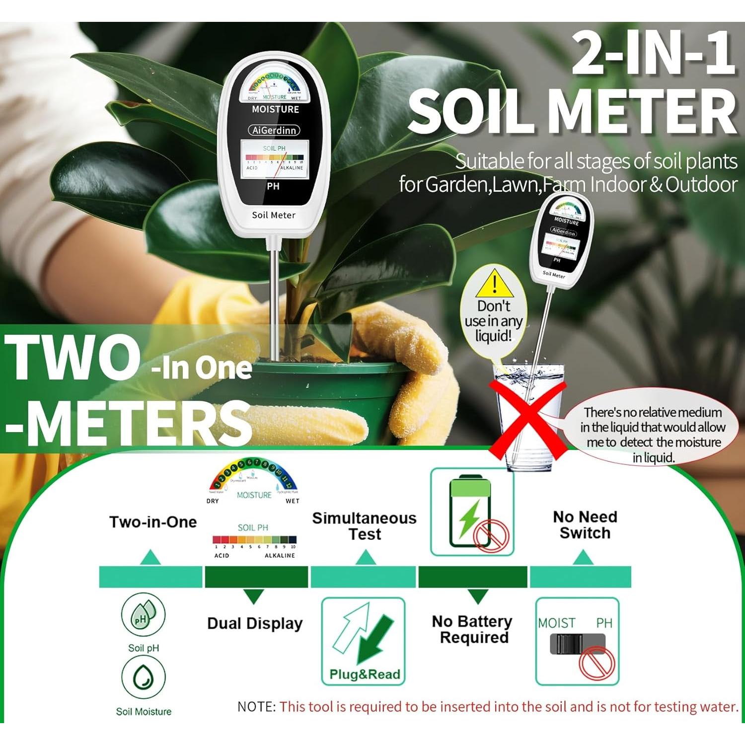 Soil Test Kit, 2-in-1 Soil Moisture Meter, Soil pH Meter -Dual Dial-Simultaneously-Display Results-Soil pH Tester, Moisture Meter for Garden,Lawn,Farm Indoor&Outdoor Plants-PureWhite