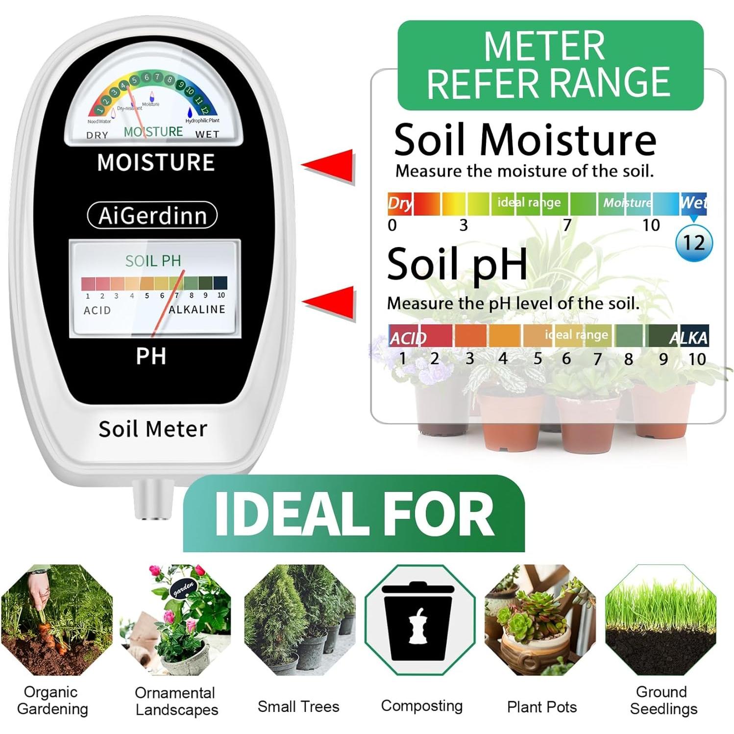 Soil Test Kit, 2-in-1 Soil Moisture Meter, Soil pH Meter -Dual Dial-Simultaneously-Display Results-Soil pH Tester, Moisture Meter for Garden,Lawn,Farm Indoor&Outdoor Plants-PureWhite