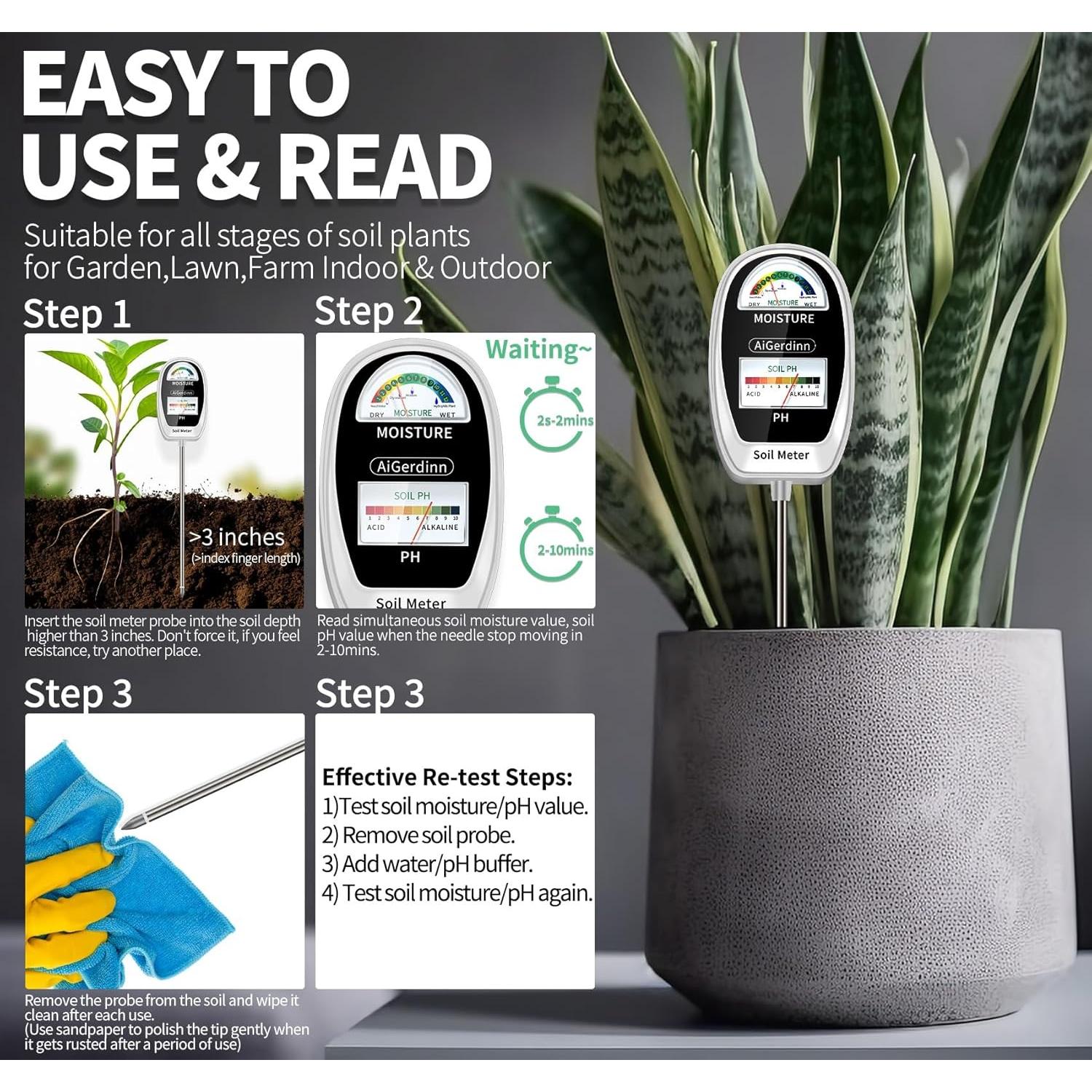 Soil Test Kit, 2-in-1 Soil Moisture Meter, Soil pH Meter -Dual Dial-Simultaneously-Display Results-Soil pH Tester, Moisture Meter for Garden,Lawn,Farm Indoor&Outdoor Plants-PureWhite