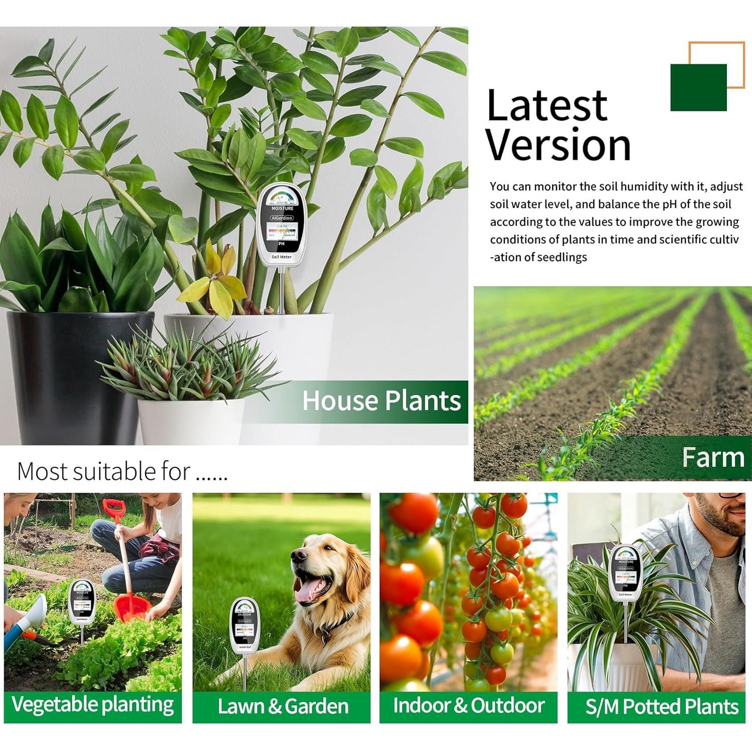 Soil Test Kit, 2-in-1 Soil Moisture Meter, Soil pH Meter -Dual Dial-Simultaneously-Display Results-Soil pH Tester, Moisture Meter for Garden,Lawn,Farm Indoor&Outdoor Plants-PureWhite