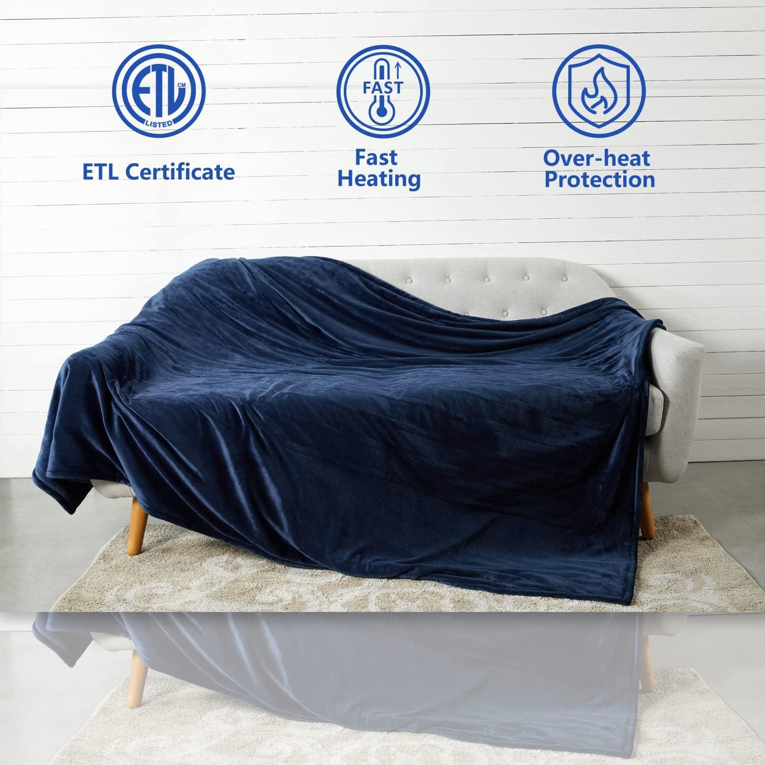 Tefici Electric Heated Blanket Twin,Super Cozy Soft 2-Layer Flannel 62" x 84" Heated Twin Size with 3 Heating Levels 8 Hours Auto Off, Machine Washable, ETL and FCC Certified, Home Office Use, Blue