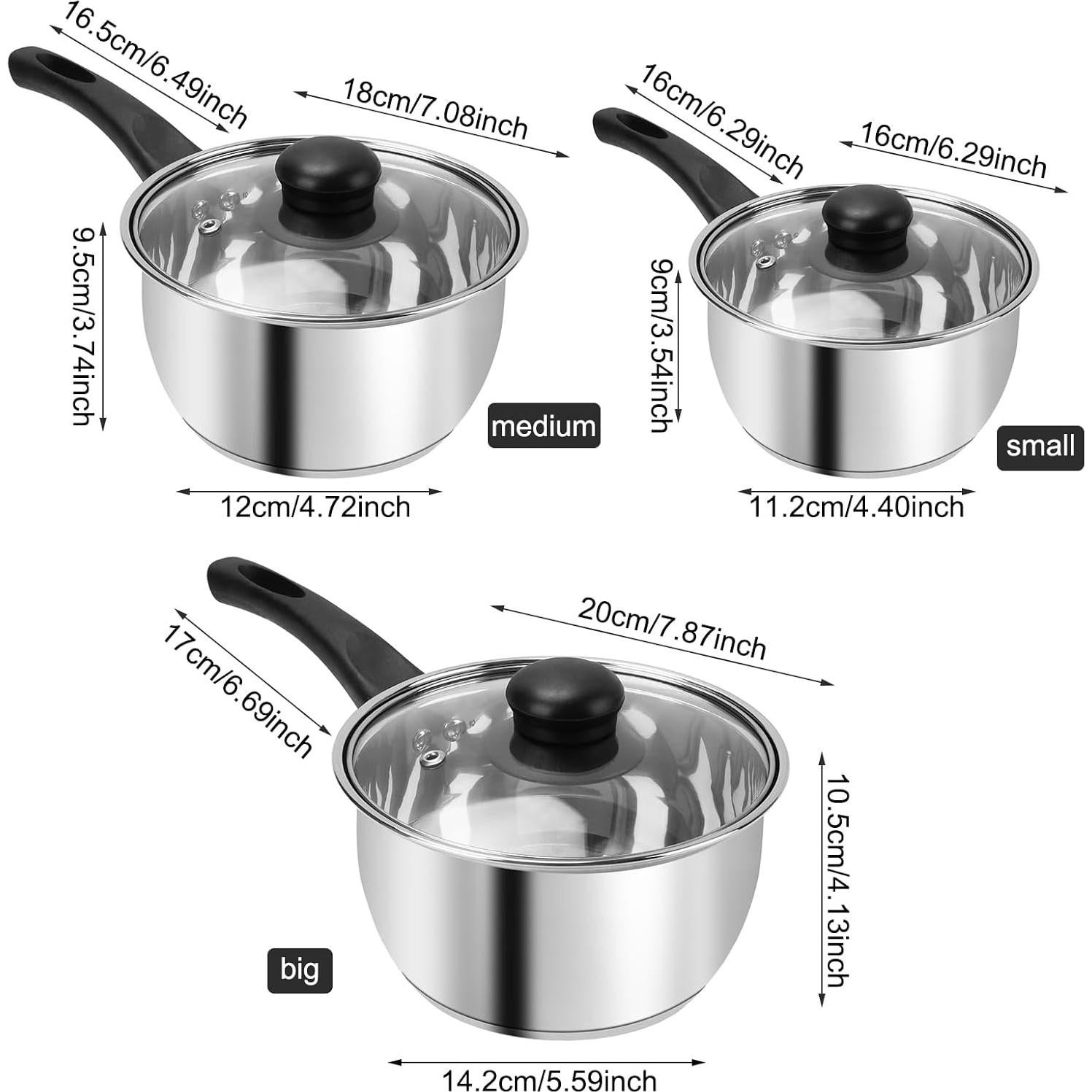 Juego de Ollas BSDLZCH Acero Inoxidable 3 Piezas 1.4L 2.8L 3.6L