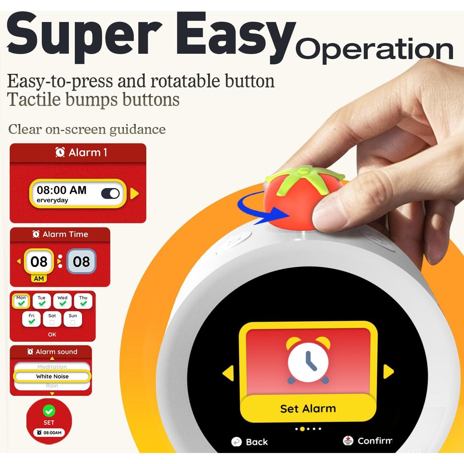 Alarm Clock with Colorful LCD Display, 4 Digital Alarm Clocks for Heavy Sleepers, Super Easy to Set, White Noise, Snooze for Kids, Adults, Teens, Loud Desk Small Clock for Bedroom (Red)