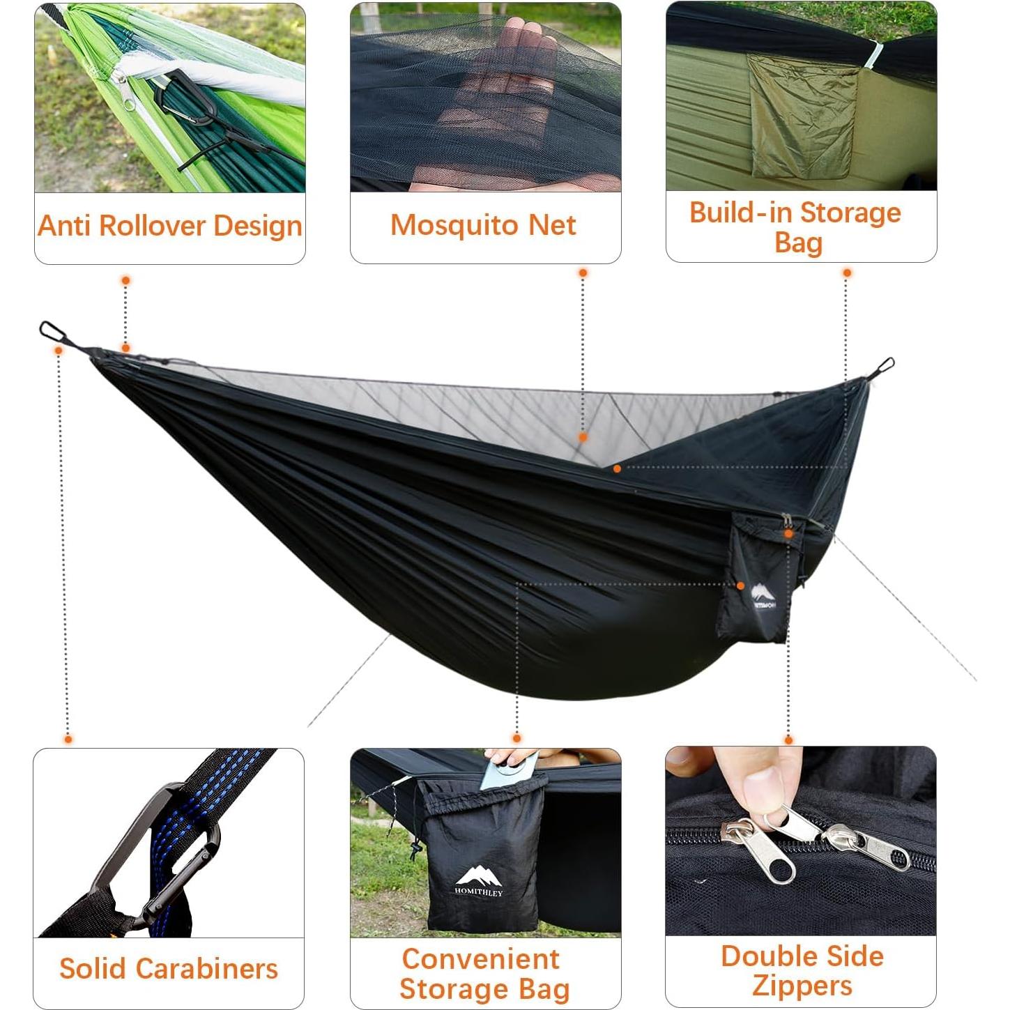 Camping Hammock - Portable Hammock with Mosquito Net, Lightweight Backpacking Hammocks Swing Camping Accessories for Indoor, Outdoor, Beach, Backyard, Patio, Travel, Hiking