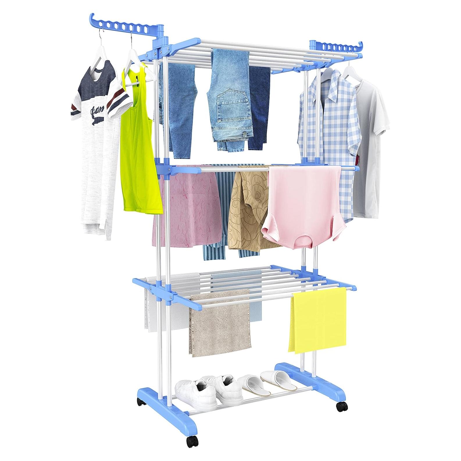 HOMIDEC Clothes Drying Rack, Large 4-Tier Foldable Drying Rack Clothing(67.7H x 19.7W x 30L Inches), Movable Drying Rack with 4 castors. Multifunctional Stainless Steel Laundry Drying Rack, Blue