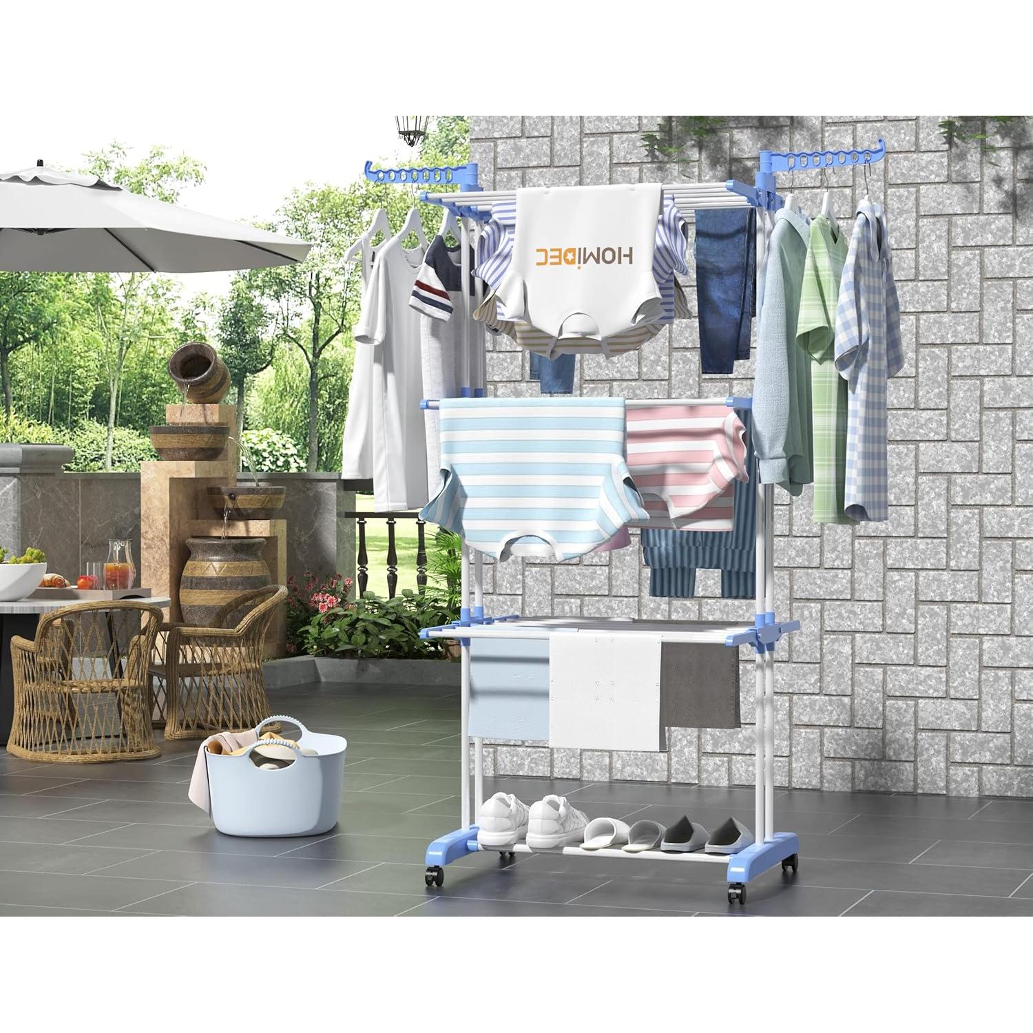 HOMIDEC Clothes Drying Rack, Large 4-Tier Foldable Drying Rack Clothing(67.7H x 19.7W x 30L Inches), Movable Drying Rack with 4 castors. Multifunctional Stainless Steel Laundry Drying Rack, Blue