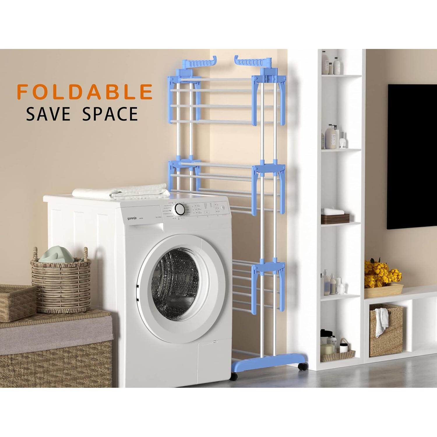 HOMIDEC Clothes Drying Rack, Large 4-Tier Foldable Drying Rack Clothing(67.7H x 19.7W x 30L Inches), Movable Drying Rack with 4 castors. Multifunctional Stainless Steel Laundry Drying Rack, Blue