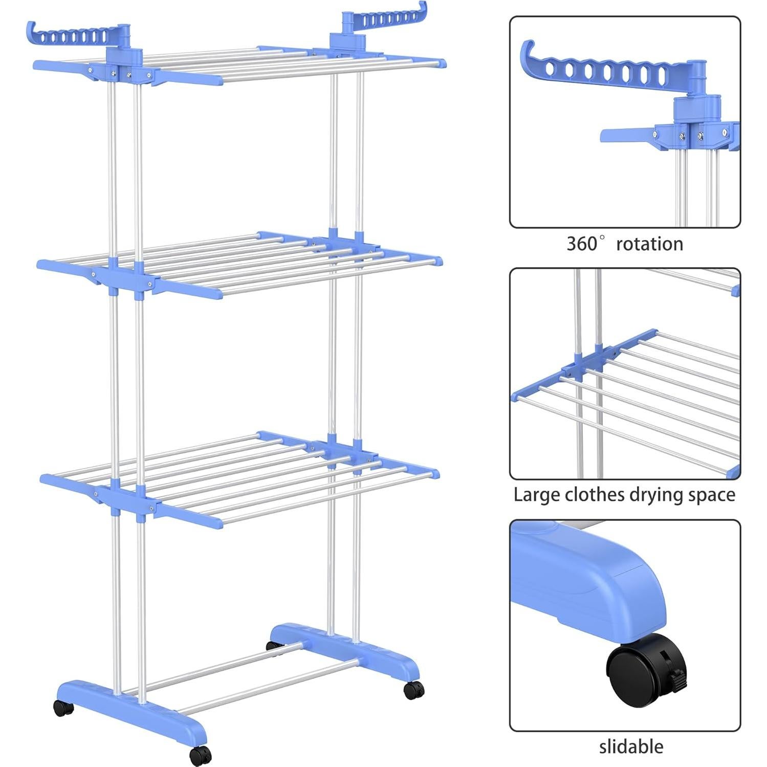 HOMIDEC Clothes Drying Rack, Large 4-Tier Foldable Drying Rack Clothing(67.7H x 19.7W x 30L Inches), Movable Drying Rack with 4 castors. Multifunctional Stainless Steel Laundry Drying Rack, Blue
