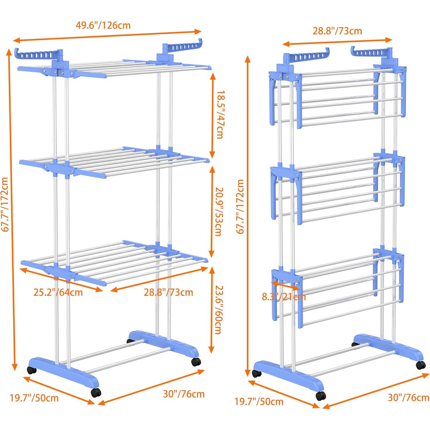 HOMIDEC Clothes Drying Rack, Large 4-Tier Foldable Drying Rack Clothing(67.7H x 19.7W x 30L Inches), Movable Drying Rack with 4 castors. Multifunctional Stainless Steel Laundry Drying Rack, Blue