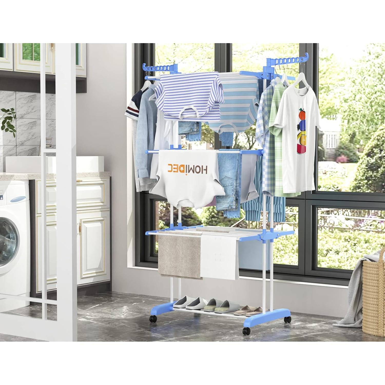 HOMIDEC Clothes Drying Rack, Large 4-Tier Foldable Drying Rack Clothing(67.7H x 19.7W x 30L Inches), Movable Drying Rack with 4 castors. Multifunctional Stainless Steel Laundry Drying Rack, Blue