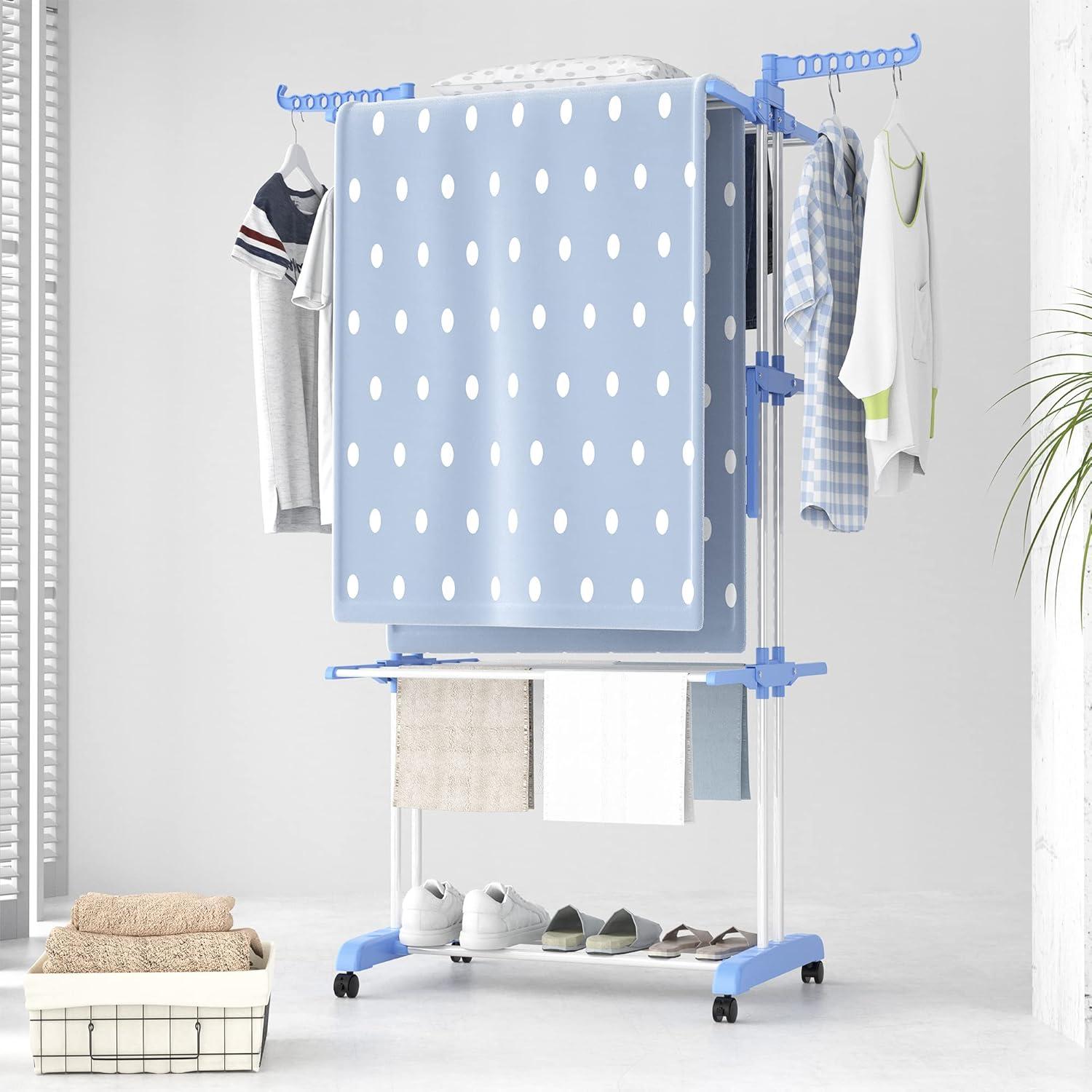 HOMIDEC Clothes Drying Rack, Large 4-Tier Foldable Drying Rack Clothing(67.7H x 19.7W x 30L Inches), Movable Drying Rack with 4 castors. Multifunctional Stainless Steel Laundry Drying Rack, Blue