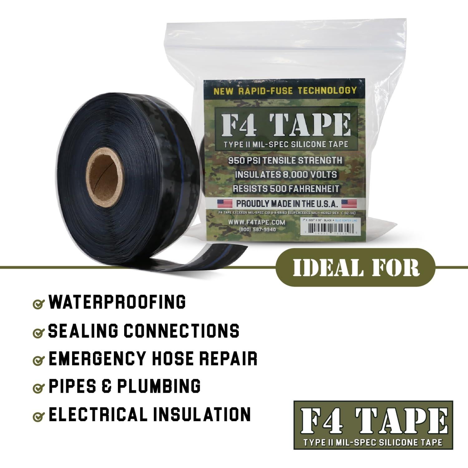 Bond It F4 Emergency Self-Fusing Silicone Tape, Repair Plumbing Pipe & Radiator Hose Leak, Electrical Insulation, Permanent Bonding, Waterproof, 1" x 36' x 20mil, Black