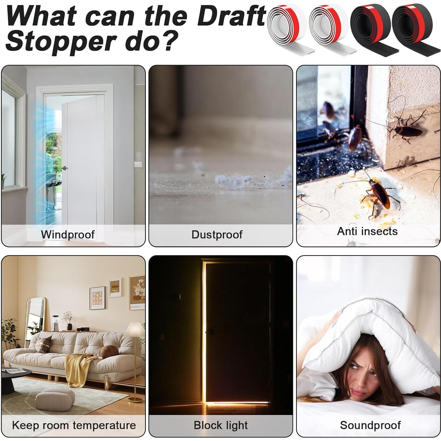 Sightor 4 Pack Door Draft Stopper for Bottom of Door, Under Door Sweep for Exterior & Interior Doors, Adjustable Weather Stripping Door Bottom Seal Blocker Noise (White, 4 Pack)