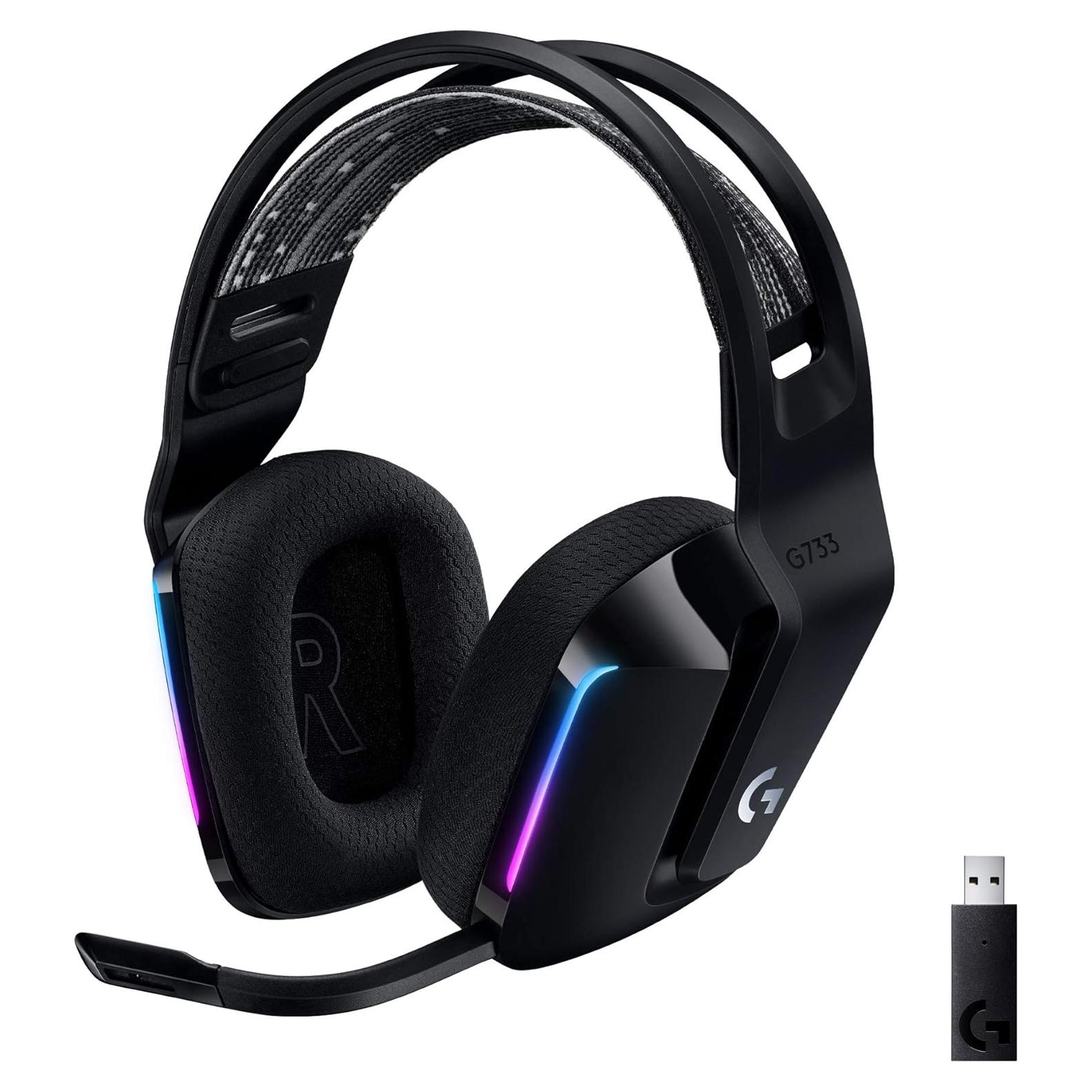 Logitech G733 Lightspeed Wireless Gaming Headset with Suspension Headband, LIGHTSYNC RGB, Blue VO!CE mic Technology and PRO-G Audio Drivers - Black (Renewed)