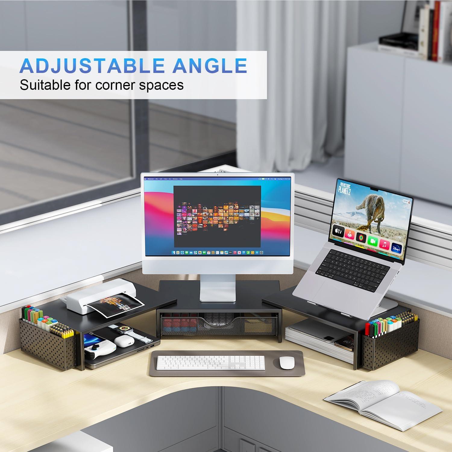 gianotter Dual Monitor Stand Riser, Desk Organizer With Drawer and 2 Pen Holders, Computer Monitor Stand, Desk Shelf for Top of Desk, Balck