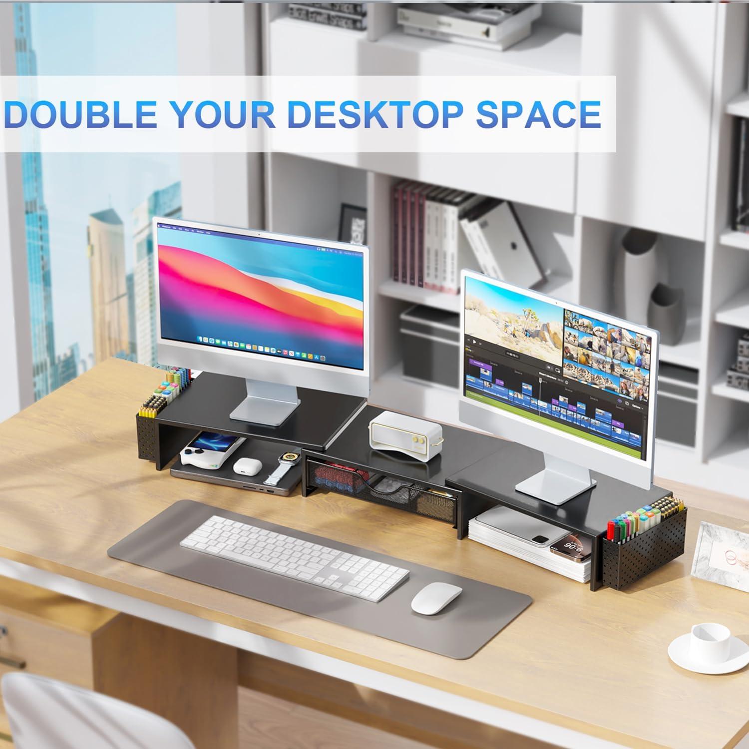 gianotter Dual Monitor Stand Riser, Desk Organizer With Drawer and 2 Pen Holders, Computer Monitor Stand, Desk Shelf for Top of Desk, Balck