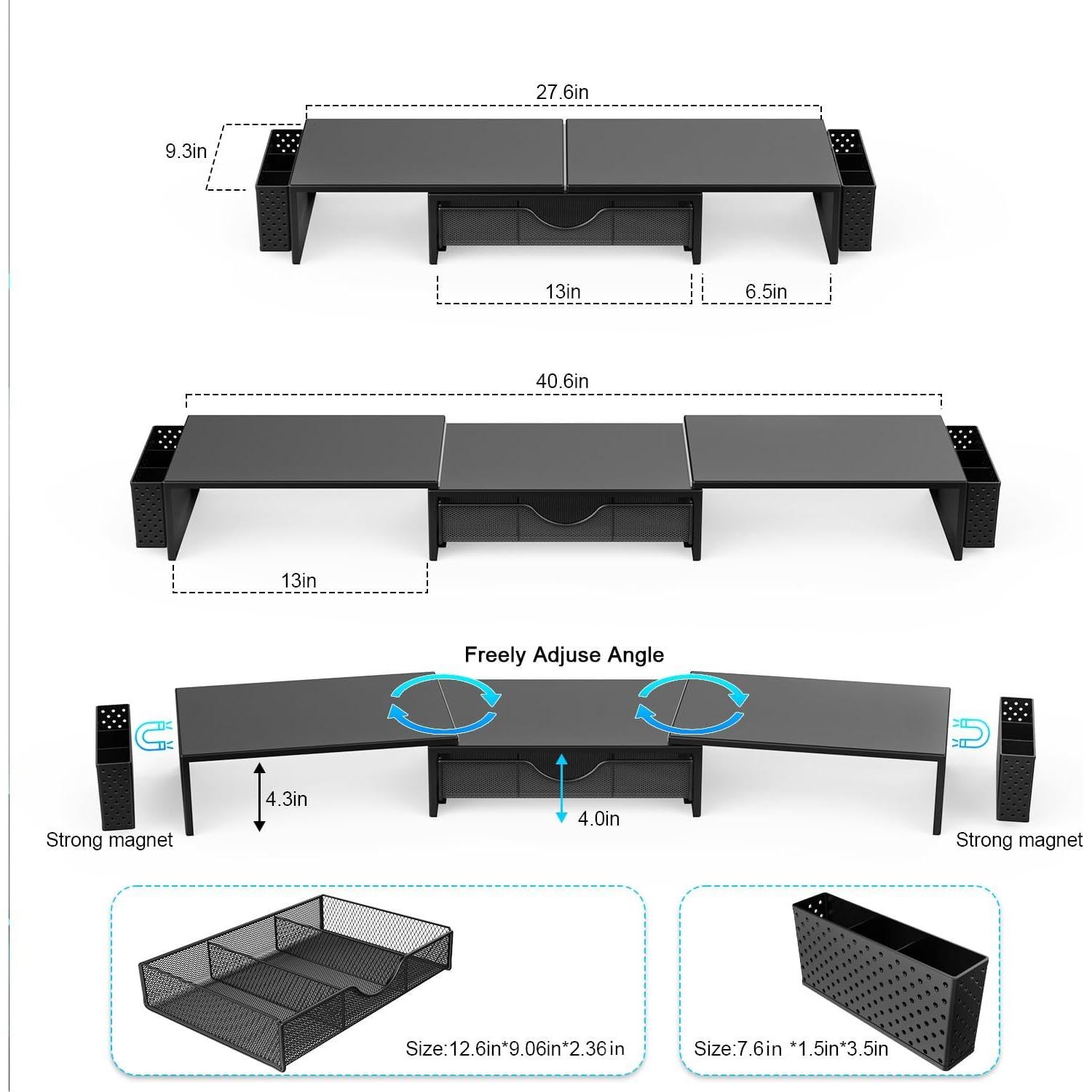 gianotter Dual Monitor Stand Riser, Desk Organizer With Drawer and 2 Pen Holders, Computer Monitor Stand, Desk Shelf for Top of Desk, Balck