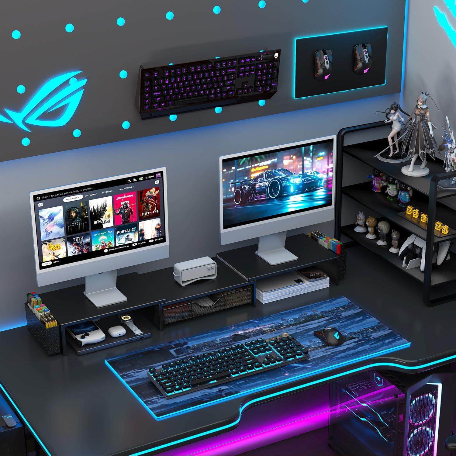 gianotter Dual Monitor Stand Riser, Desk Organizer With Drawer and 2 Pen Holders, Computer Monitor Stand, Desk Shelf for Top of Desk, Balck