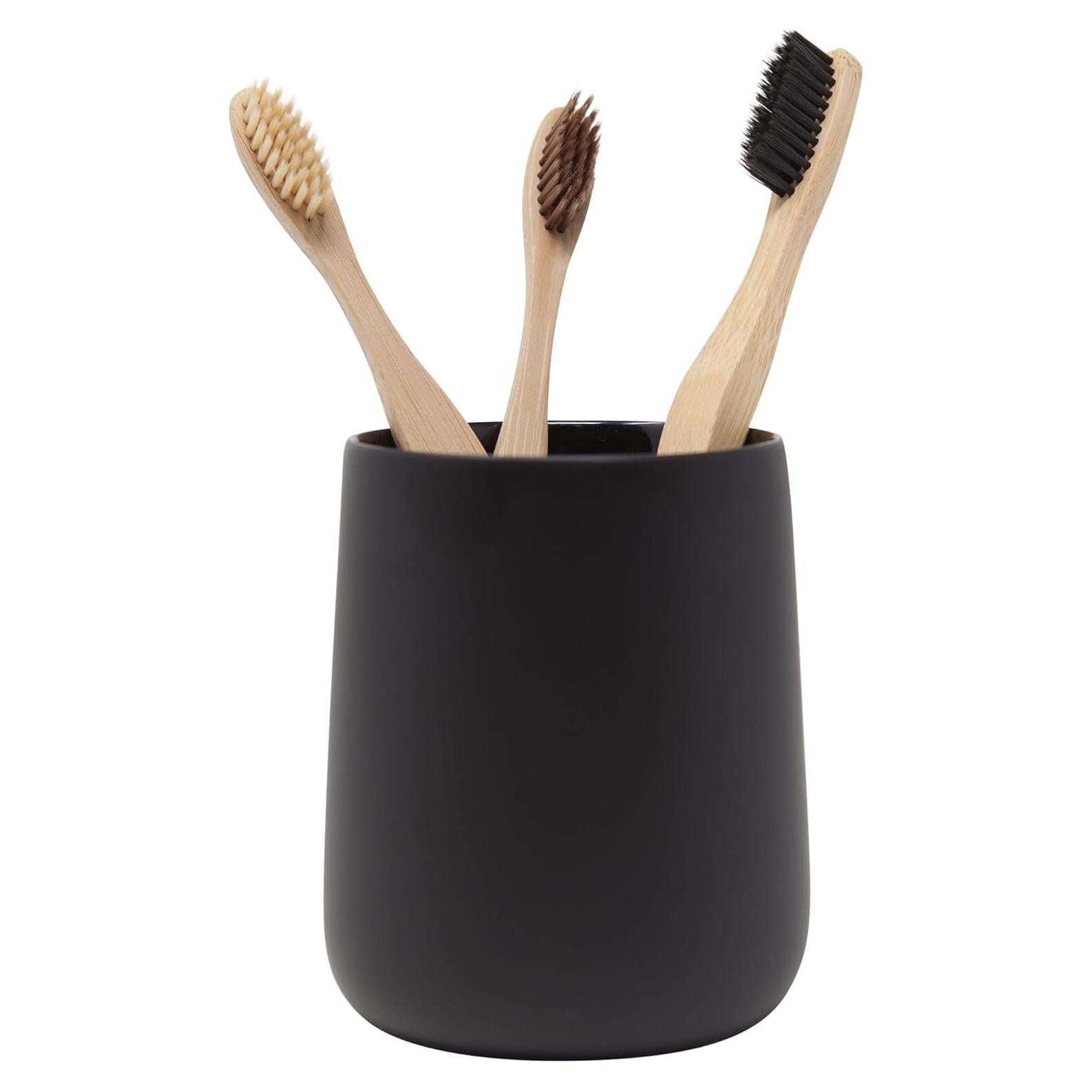 Matte Black Toothbrush and Toothpaste Holder and Cup for Bathroom Vanity and Countertop, Round Organizer for Electric Toothbrushes, Floss, Razors, Cotton, and Mouthwash