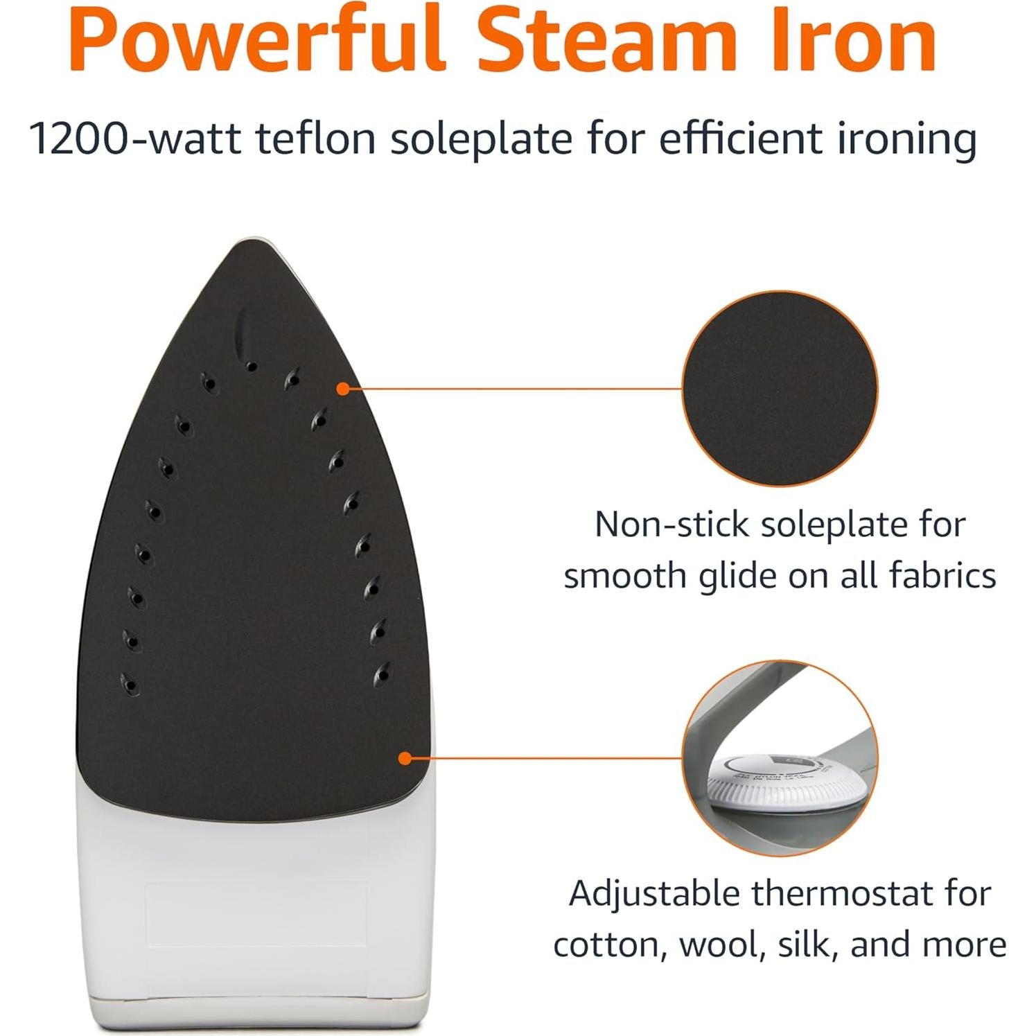 Plancha de Vapor Amazon Basics 1200W Suela Teflón 150ml Gris