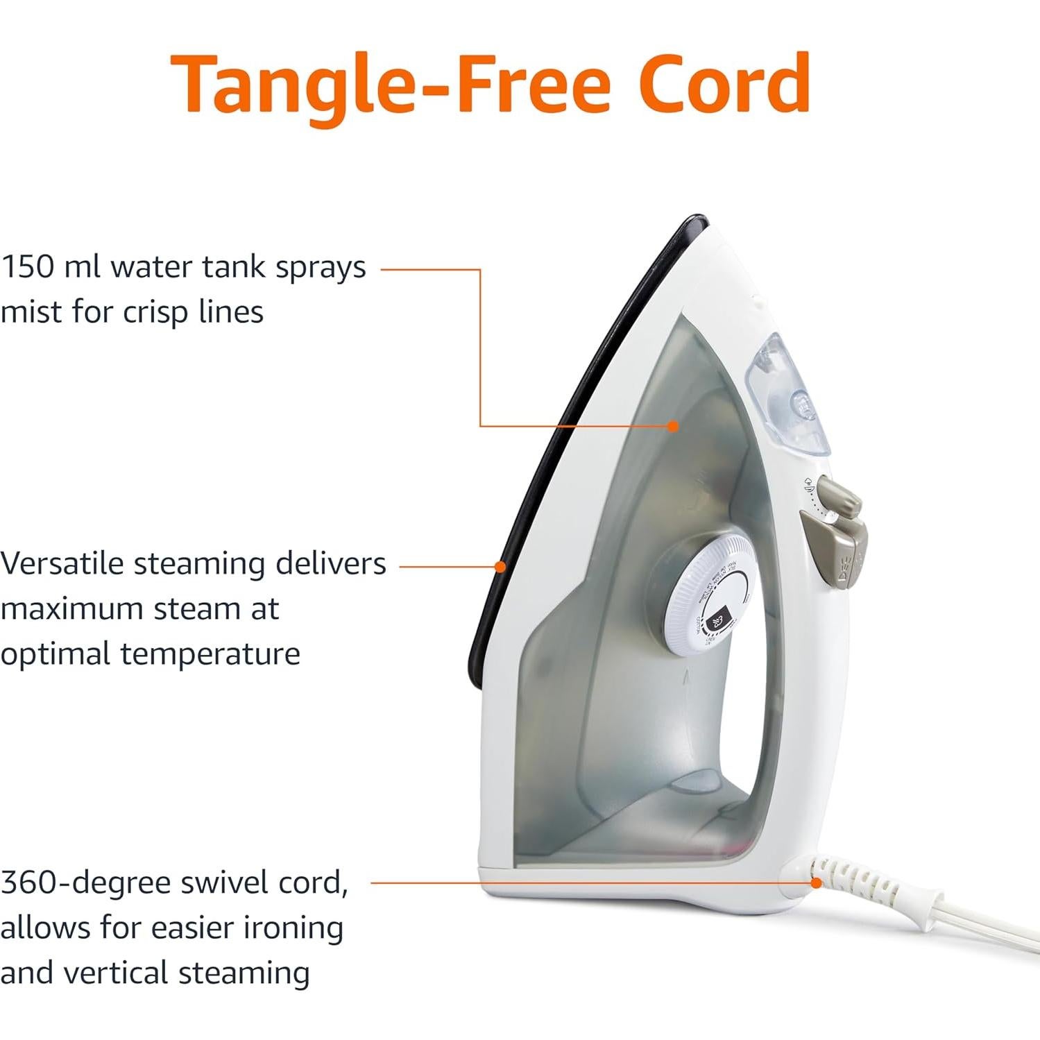 Plancha de Vapor Amazon Basics 1200W Suela Teflón 150ml Gris