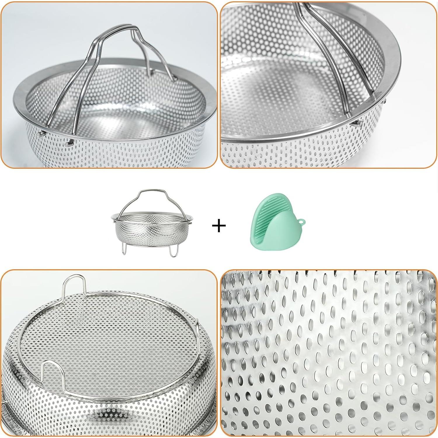 Stainless Steel Steamer Basket - Vegetable & Dumpling Steamer Insert for Pots, Instant Pot Accessories with Handles & Feet, Multi-Purpose Mesh Strainer for Cooking, Fruits (Silvery, Small)