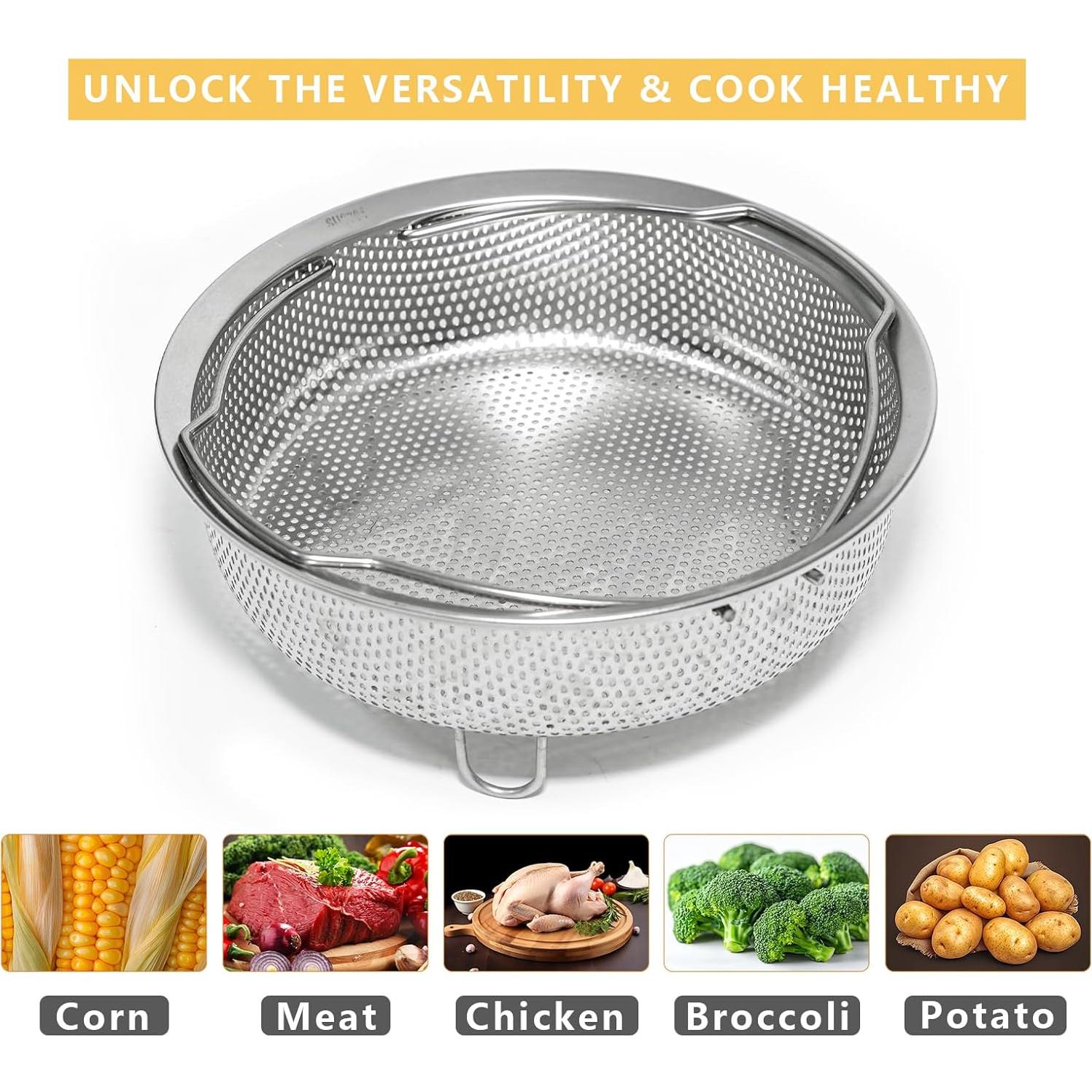 Stainless Steel Steamer Basket - Vegetable & Dumpling Steamer Insert for Pots, Instant Pot Accessories with Handles & Feet, Multi-Purpose Mesh Strainer for Cooking, Fruits (Silvery, Small)