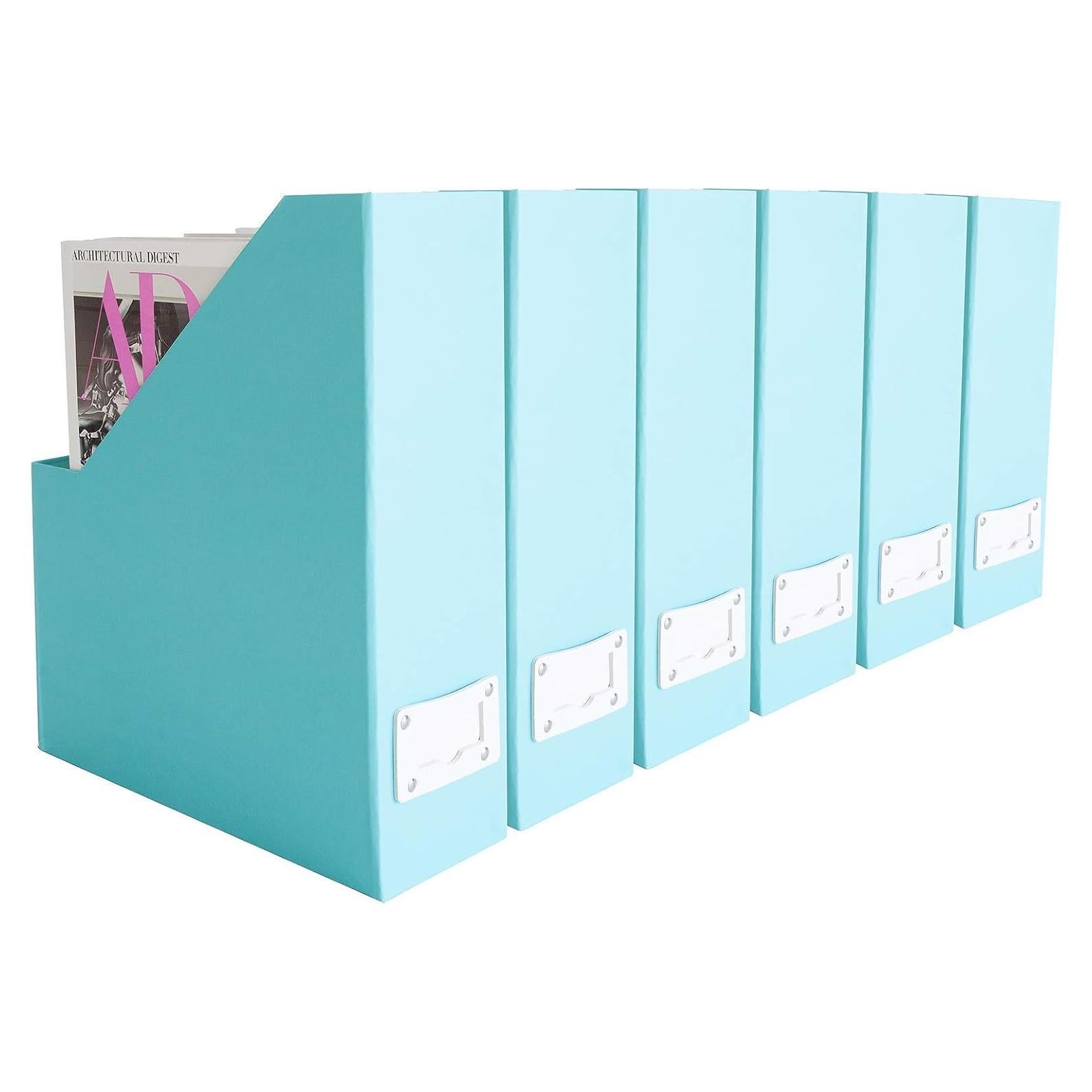 BLU MONACO Set of 6 Foldable Aqua Magazine File Holders with White Leather Label Holders – Cute Book Organizers for Desk, Classroom, Shelves, and Home Office