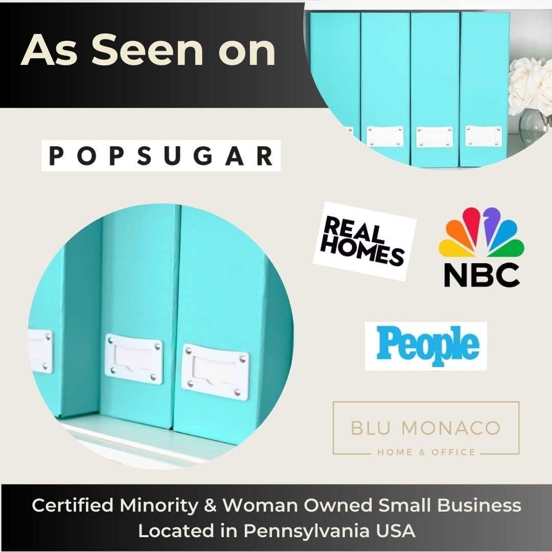 BLU MONACO Set of 6 Foldable Aqua Magazine File Holders with White Leather Label Holders – Cute Book Organizers for Desk, Classroom, Shelves, and Home Office