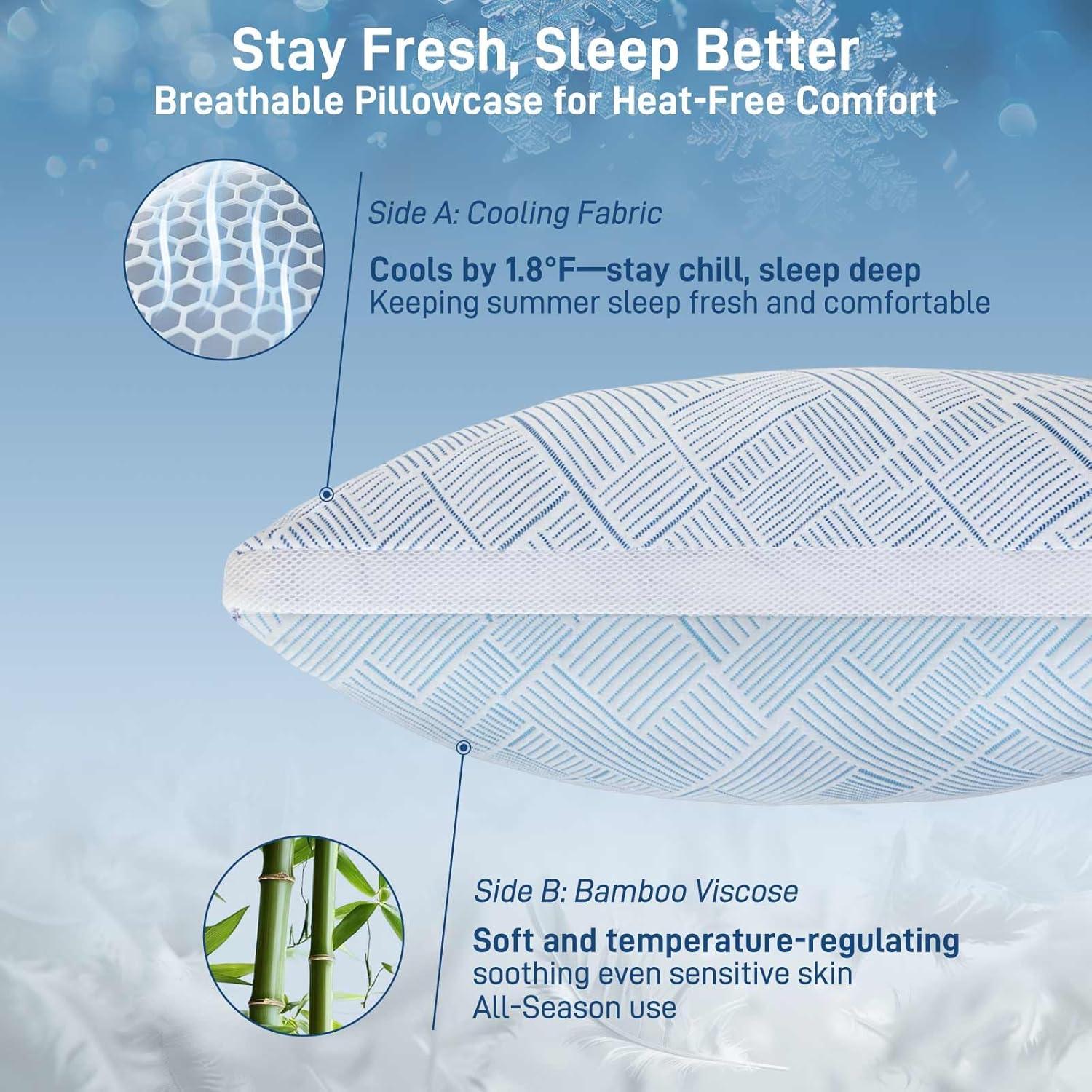 Shredded Memory Foam Cooling Soft Bamboo Viscose Pillow Queen Size, Adjustable Hypoallergenic Hotel Quality Pillow for Stomach, Back and Side Sleeper, Oeko-TEX Certified