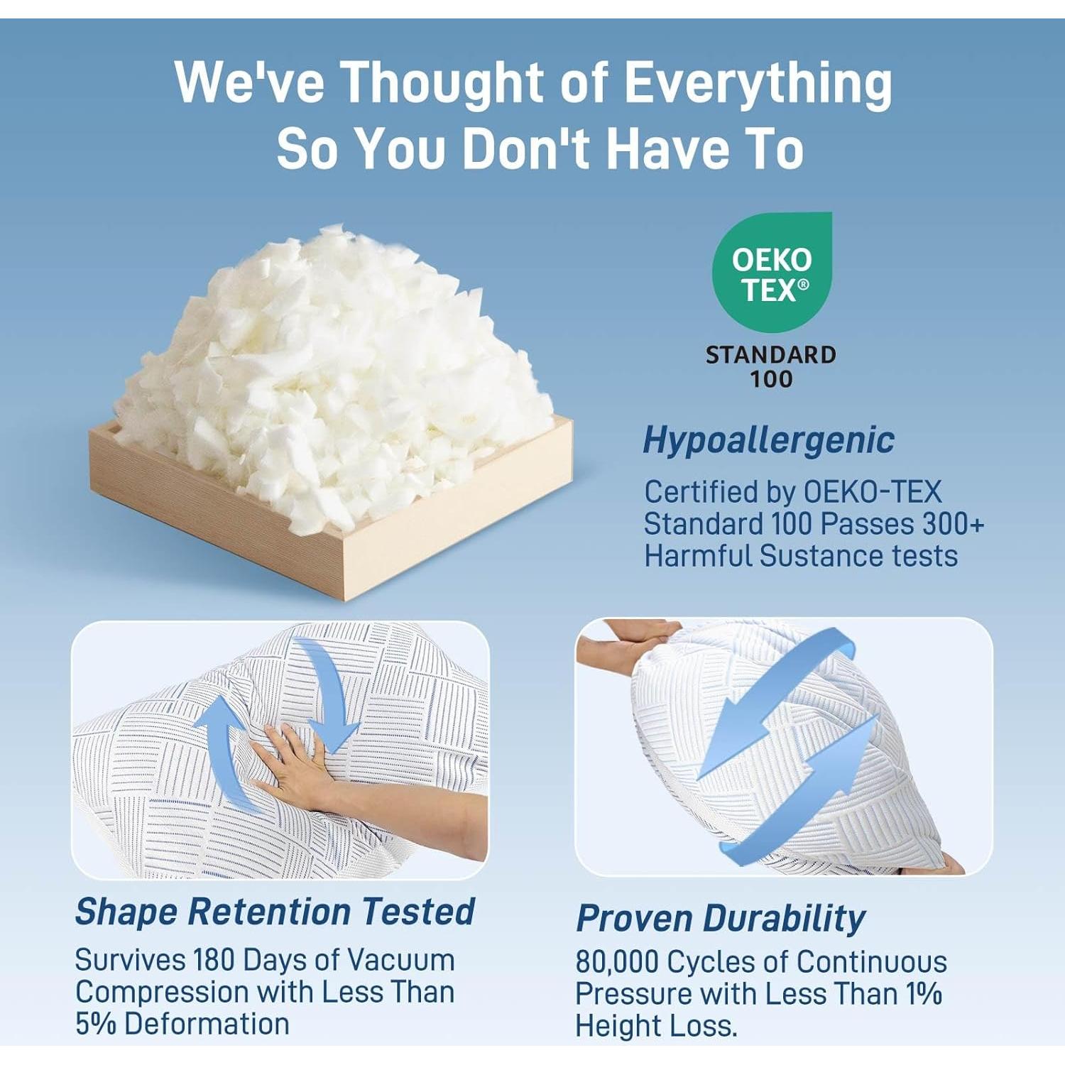 Shredded Memory Foam Cooling Soft Bamboo Viscose Pillow Queen Size, Adjustable Hypoallergenic Hotel Quality Pillow for Stomach, Back and Side Sleeper, Oeko-TEX Certified