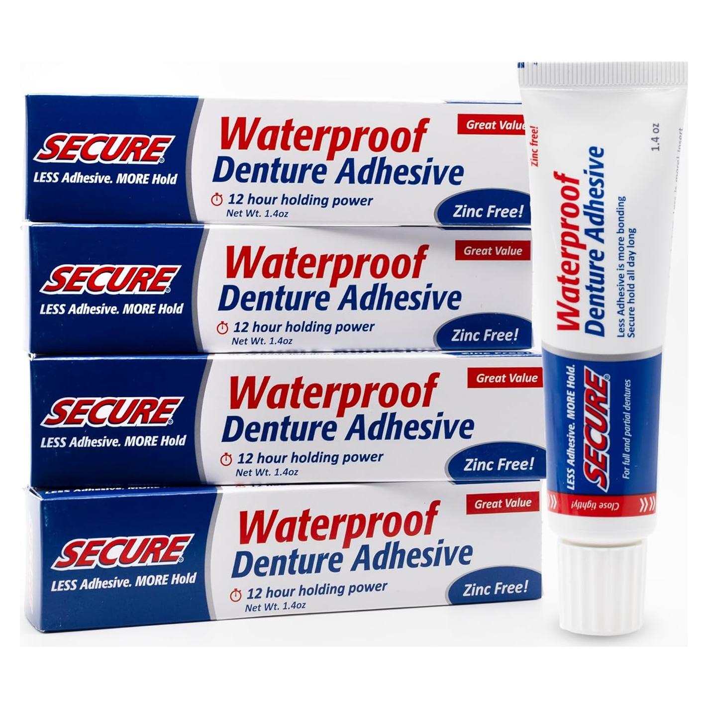 Adhesivo para Dentaduras Secure 4 Pack - Sin Zinc 12 Horas