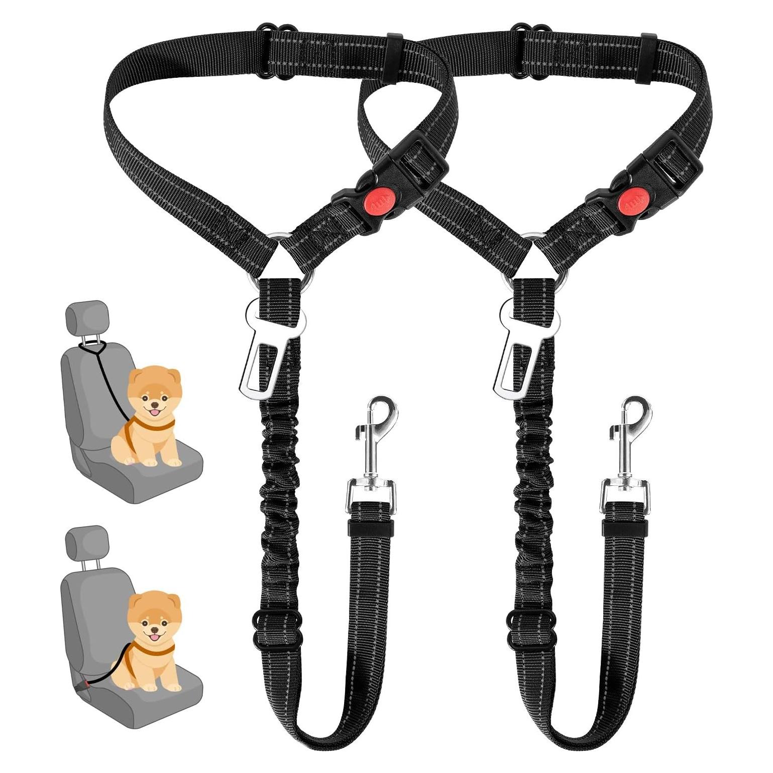 SlowTon Dog Seat Belt for Car, 2 Pack Dog Car Harness Seatbelt Adjustable with Elastic Bungee Buffer, 2 in 1 Pet Car Leash Headrest Restraint Dog Reflective Safety Tether (S, Black, Headrest+Clip)
