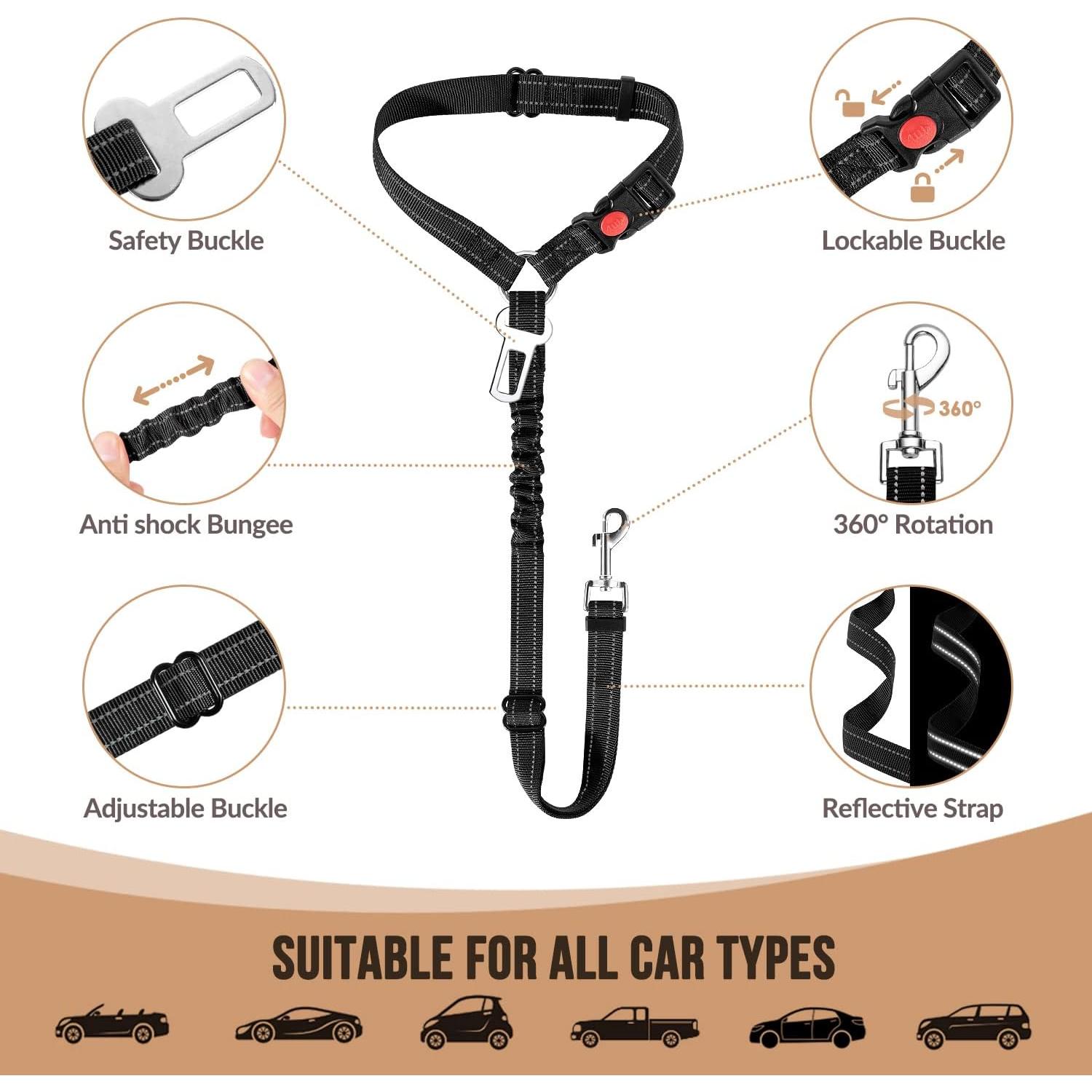 SlowTon Dog Seat Belt for Car, 2 Pack Dog Car Harness Seatbelt Adjustable with Elastic Bungee Buffer, 2 in 1 Pet Car Leash Headrest Restraint Dog Reflective Safety Tether (S, Black, Headrest+Clip)