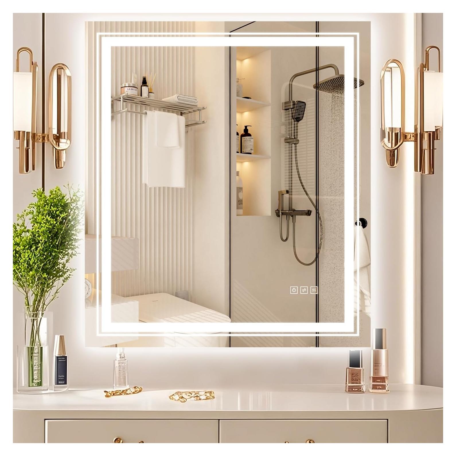 28x32 LED Mirror for Bathroom with Front and Backlit Light Up Digital Mirrors for Wall,Anti Fog,Stepless Dimmable,Tempered Silver Glass Smart Vanity Mirror for Bathroom