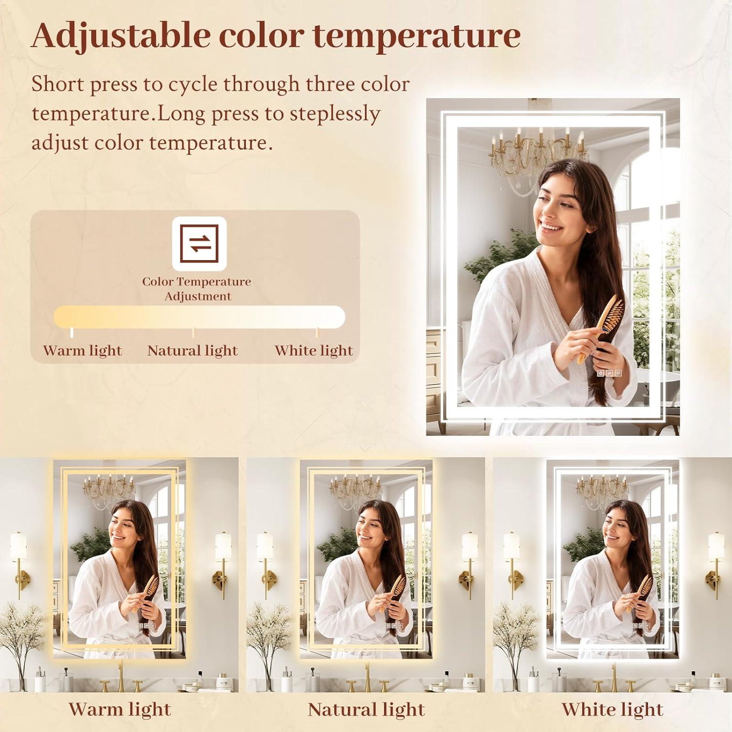 28x32 LED Mirror for Bathroom with Front and Backlit Light Up Digital Mirrors for Wall,Anti Fog,Stepless Dimmable,Tempered Silver Glass Smart Vanity Mirror for Bathroom