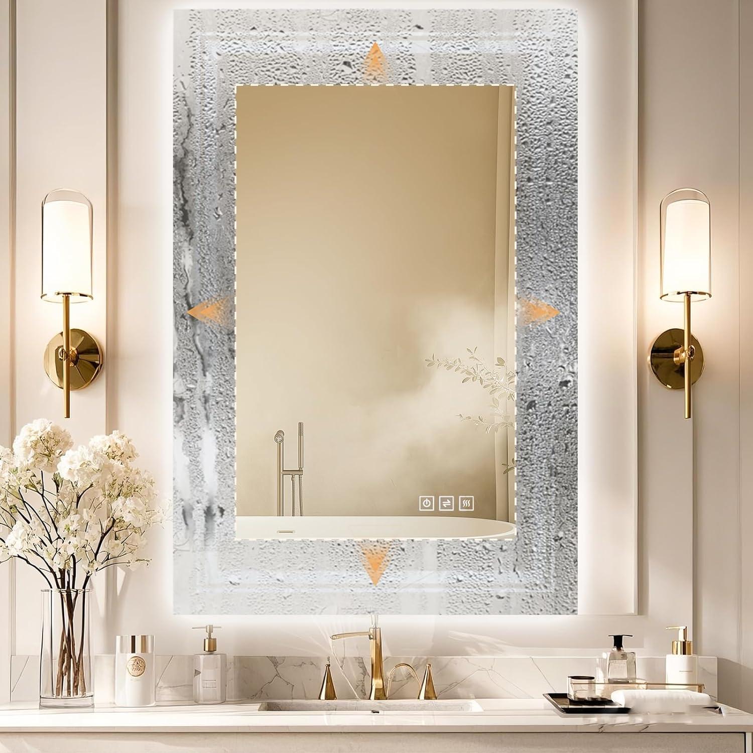 28x32 LED Mirror for Bathroom with Front and Backlit Light Up Digital Mirrors for Wall,Anti Fog,Stepless Dimmable,Tempered Silver Glass Smart Vanity Mirror for Bathroom