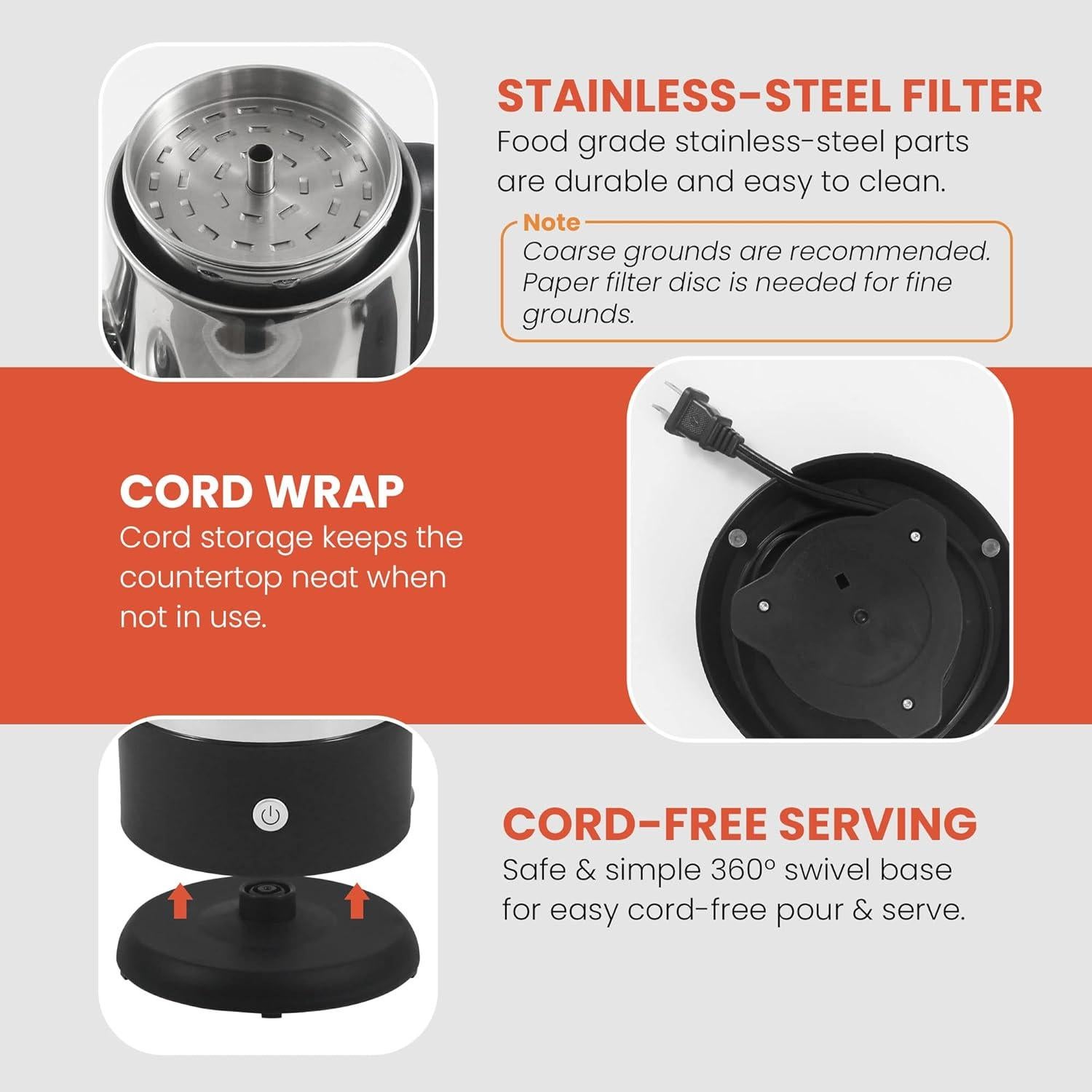 Cafetera Percoladora Elite Gourmet 12 Tazas Acero Inoxidable