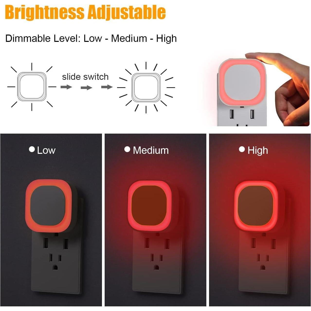 2 Pack Plug in Dimmable Red Night Light, Auto Dusk to Dawn Sensor, LED Night Light, Soft Glow, Diffused Light, for Baby Nursery, Kids, Bathroom, Hallway, Bedroom, Kitchen, as Gifts