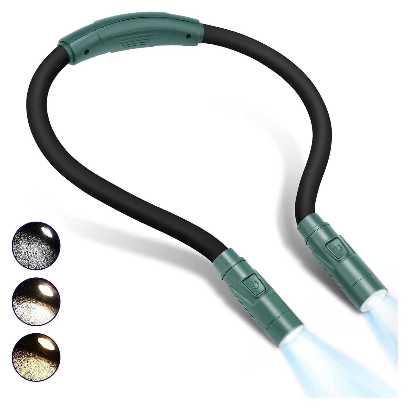 Led Neck Reading Light Book Lights for Reading in Bed 360° Flexible Arms 3 Color Modes Multiple Brightness Rechargeable Long Lasting Perfect for Knitting, Repairing, Travelling, Camping (Dark Green)