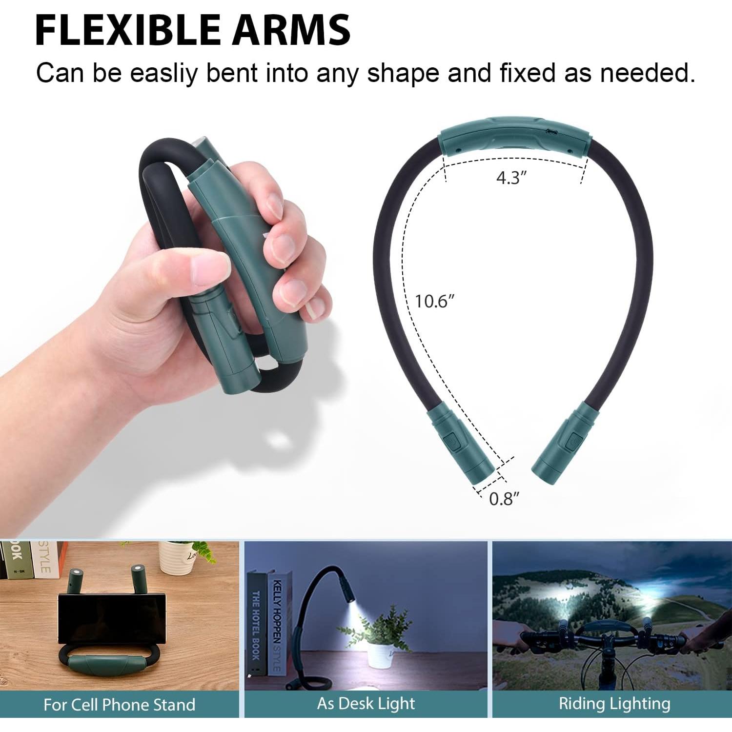 Led Neck Reading Light Book Lights for Reading in Bed 360° Flexible Arms 3 Color Modes Multiple Brightness Rechargeable Long Lasting Perfect for Knitting, Repairing, Travelling, Camping (Dark Green)